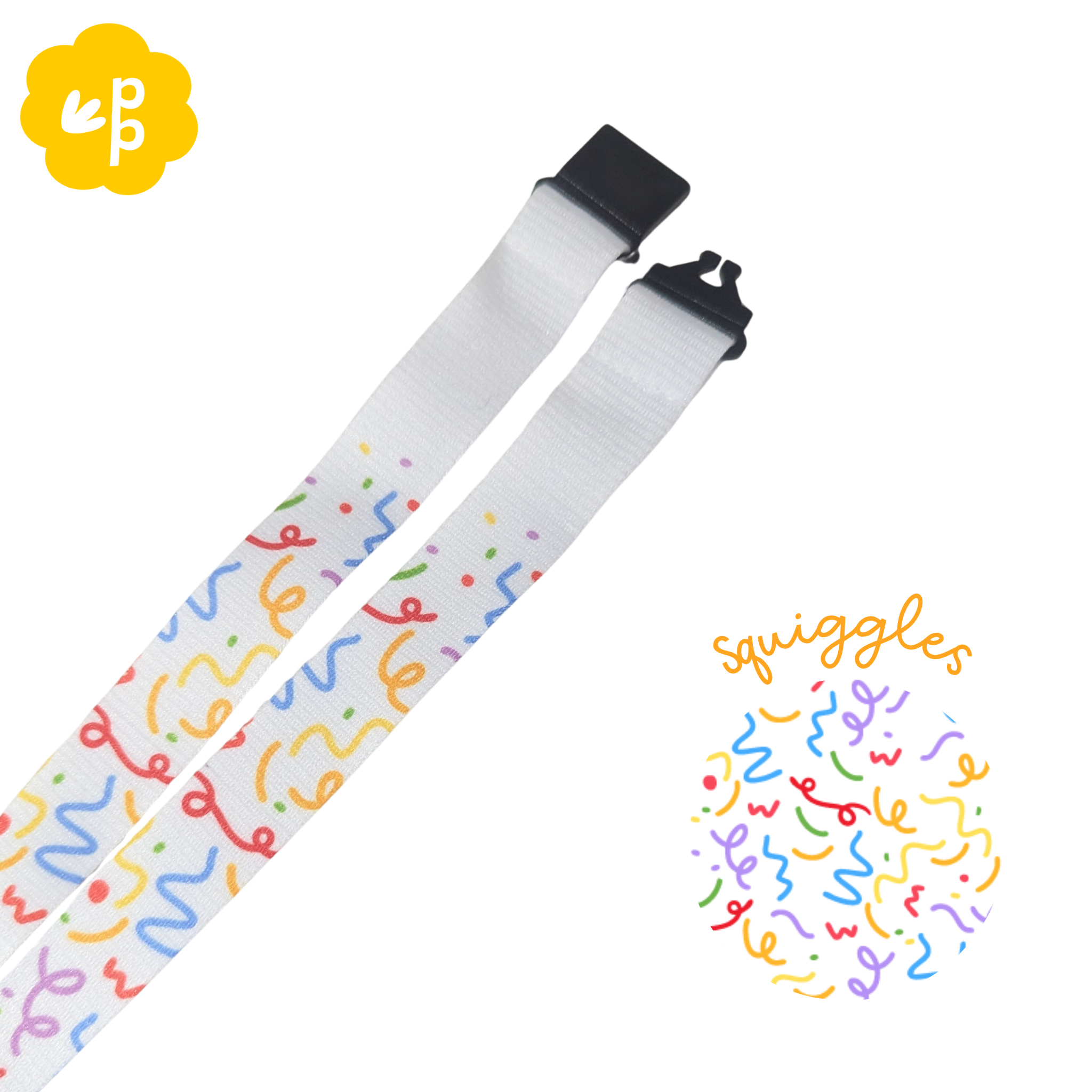 White lanyard with colorful squiggle pattern and black clip on a white background