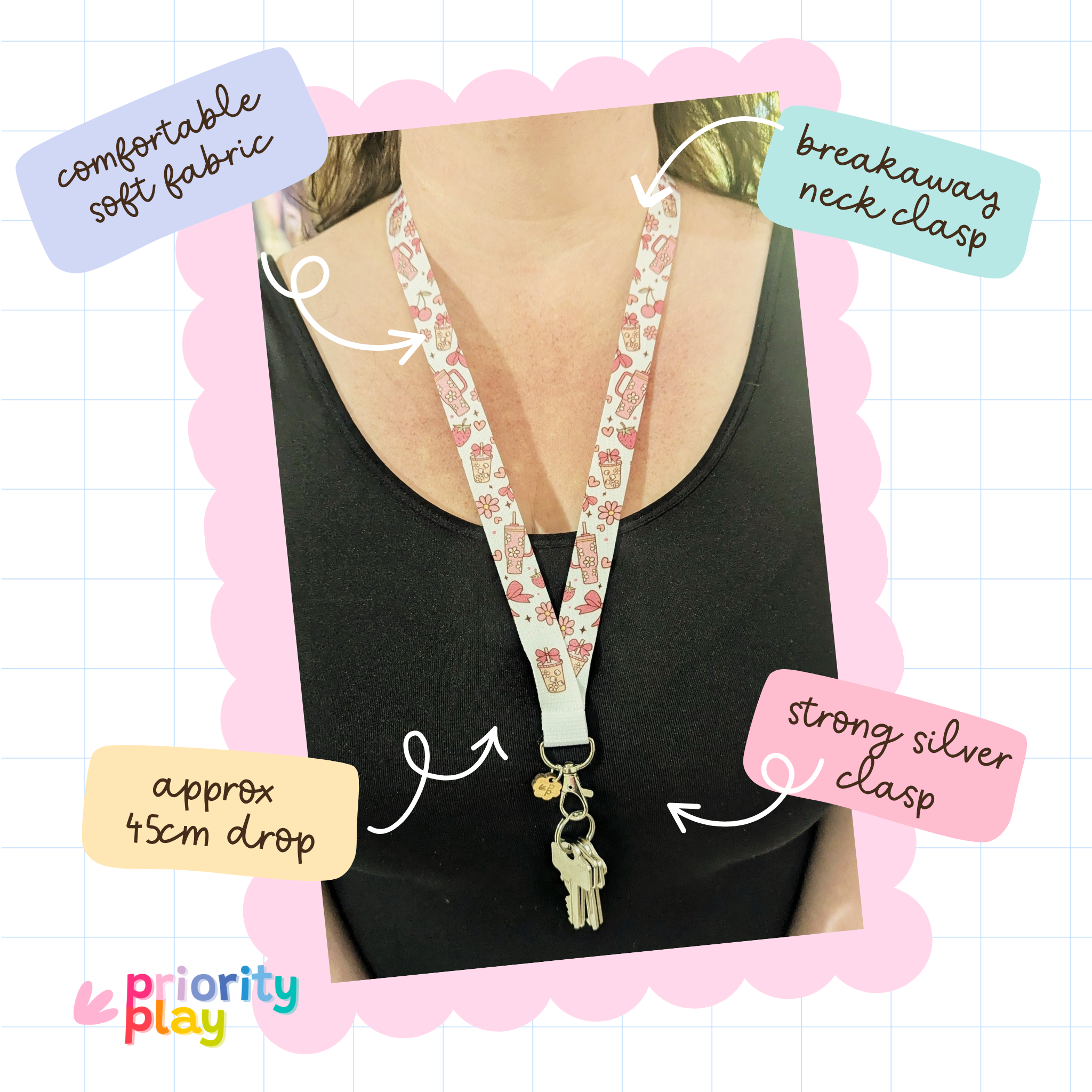 Lanyard with key charm worn around neck, labeled for features on a grid background.
