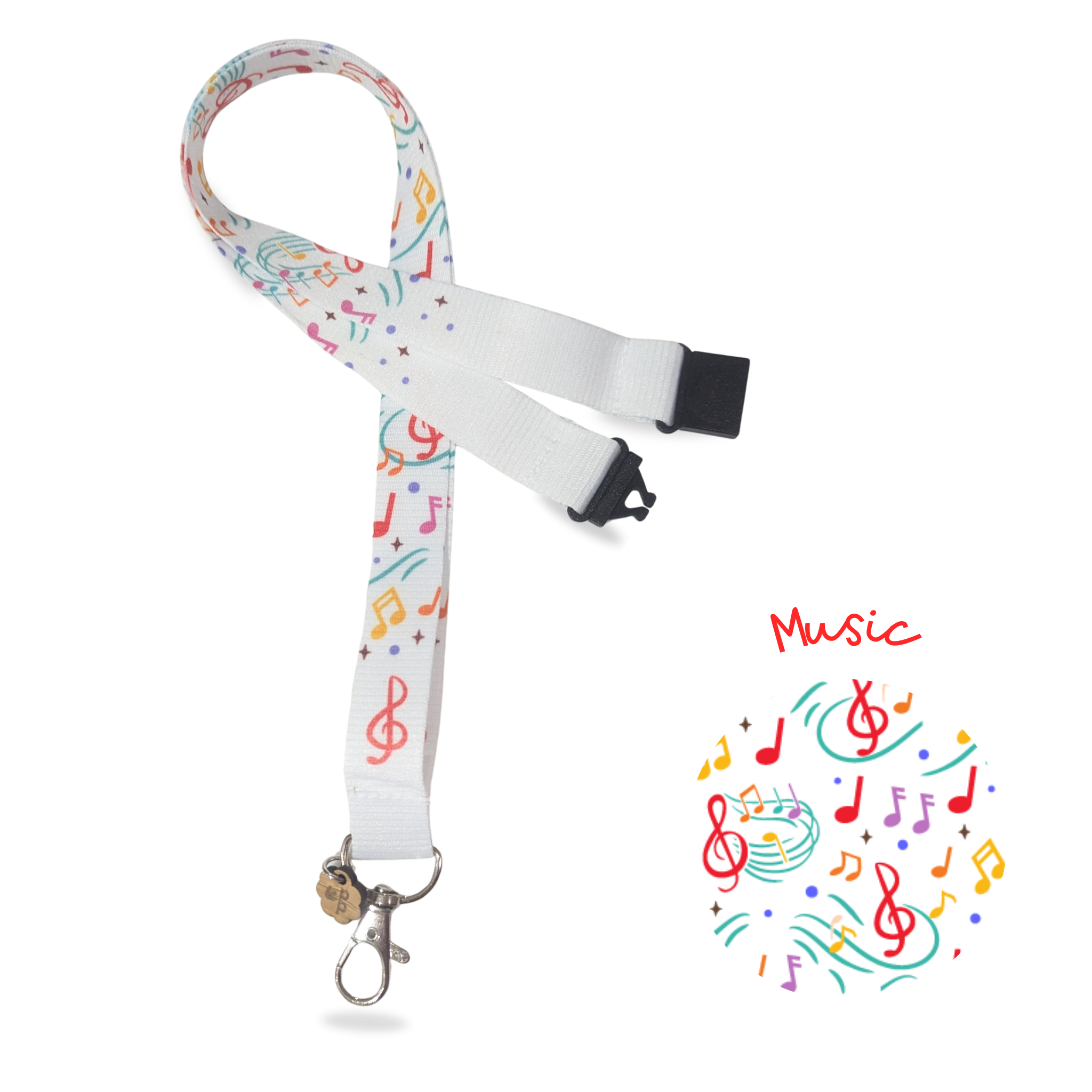 White lanyard with colorful music notes on a white background