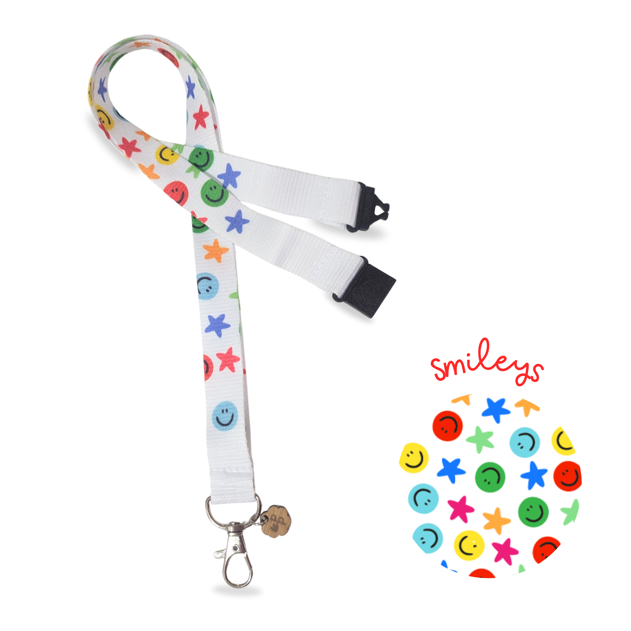 Lanyard with colorful smiley face design on a white background