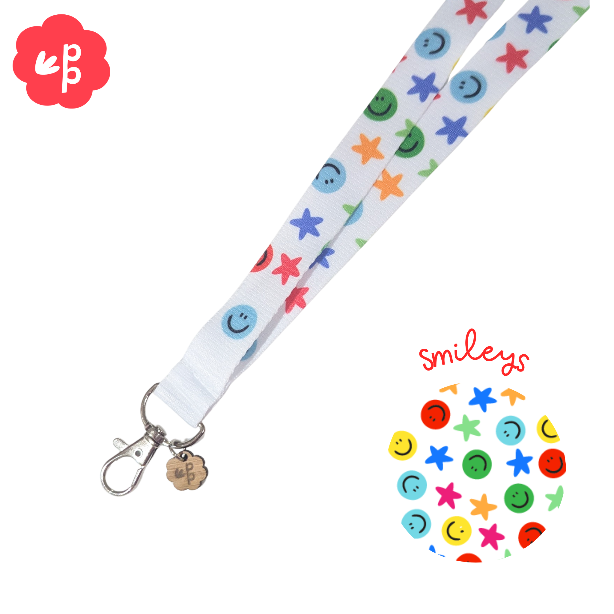 teacher Lanyard with smiley face and star pattern on a white background and silver clasp