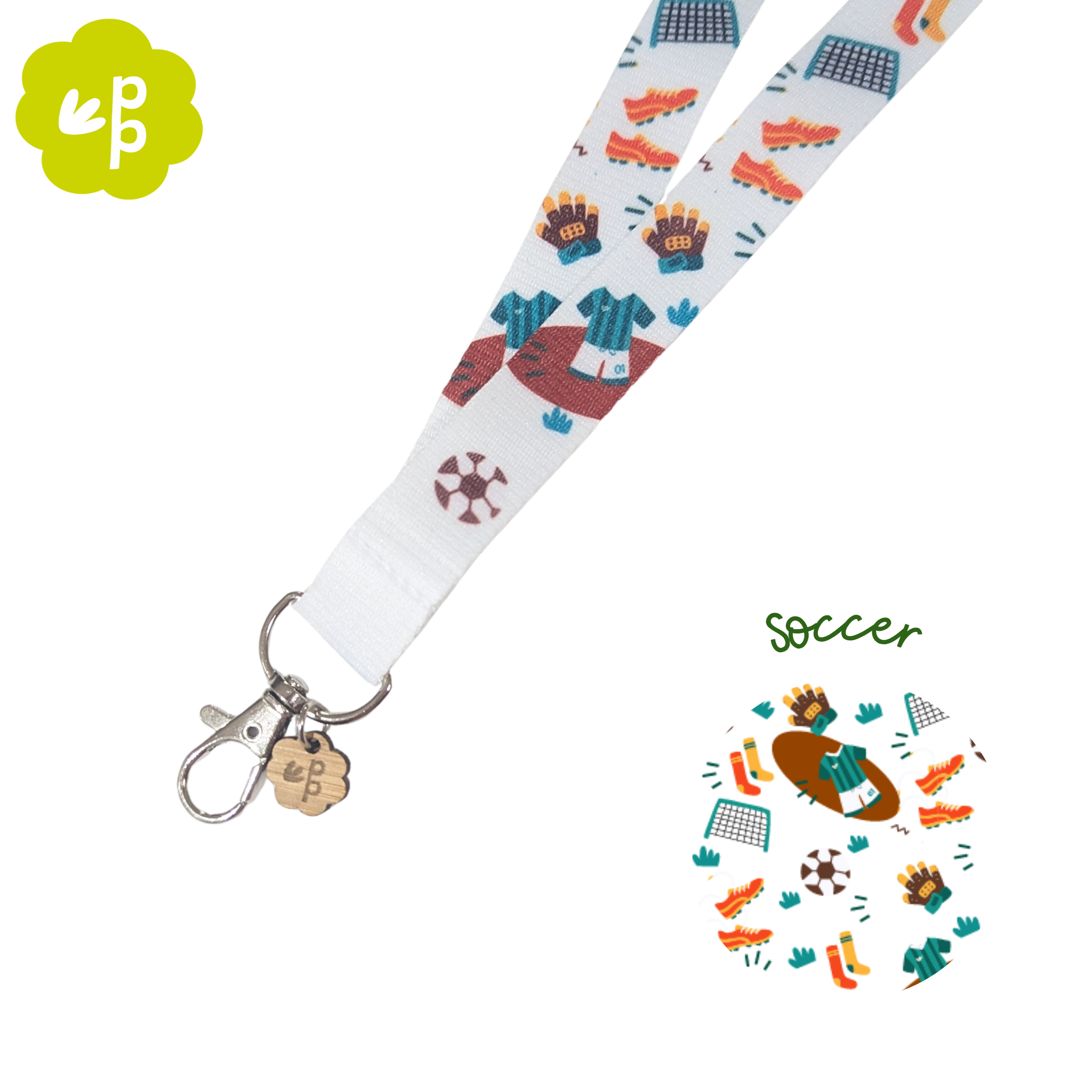 teacher lanyard with soccer-themed design on a white background and silver clasp
