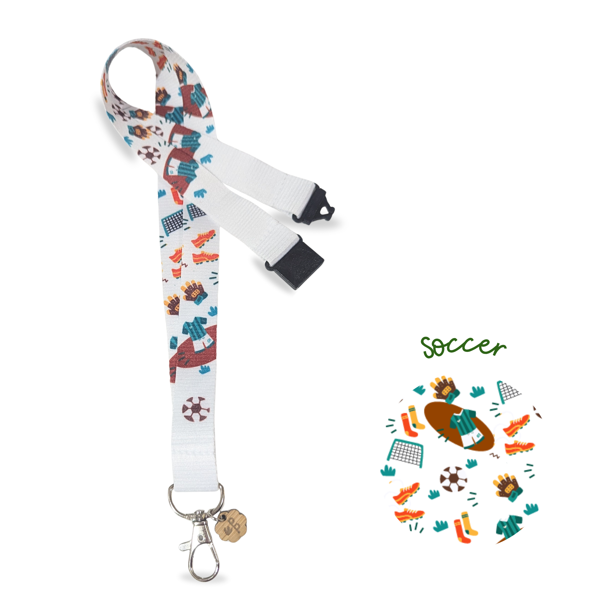 teacher lanyard with soccer-themed design on a white background