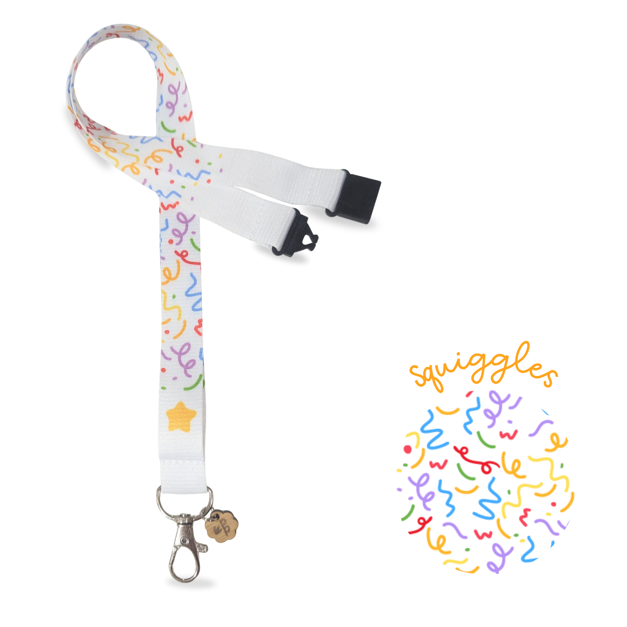 teacher Lanyard with colorful squiggle pattern on a white background