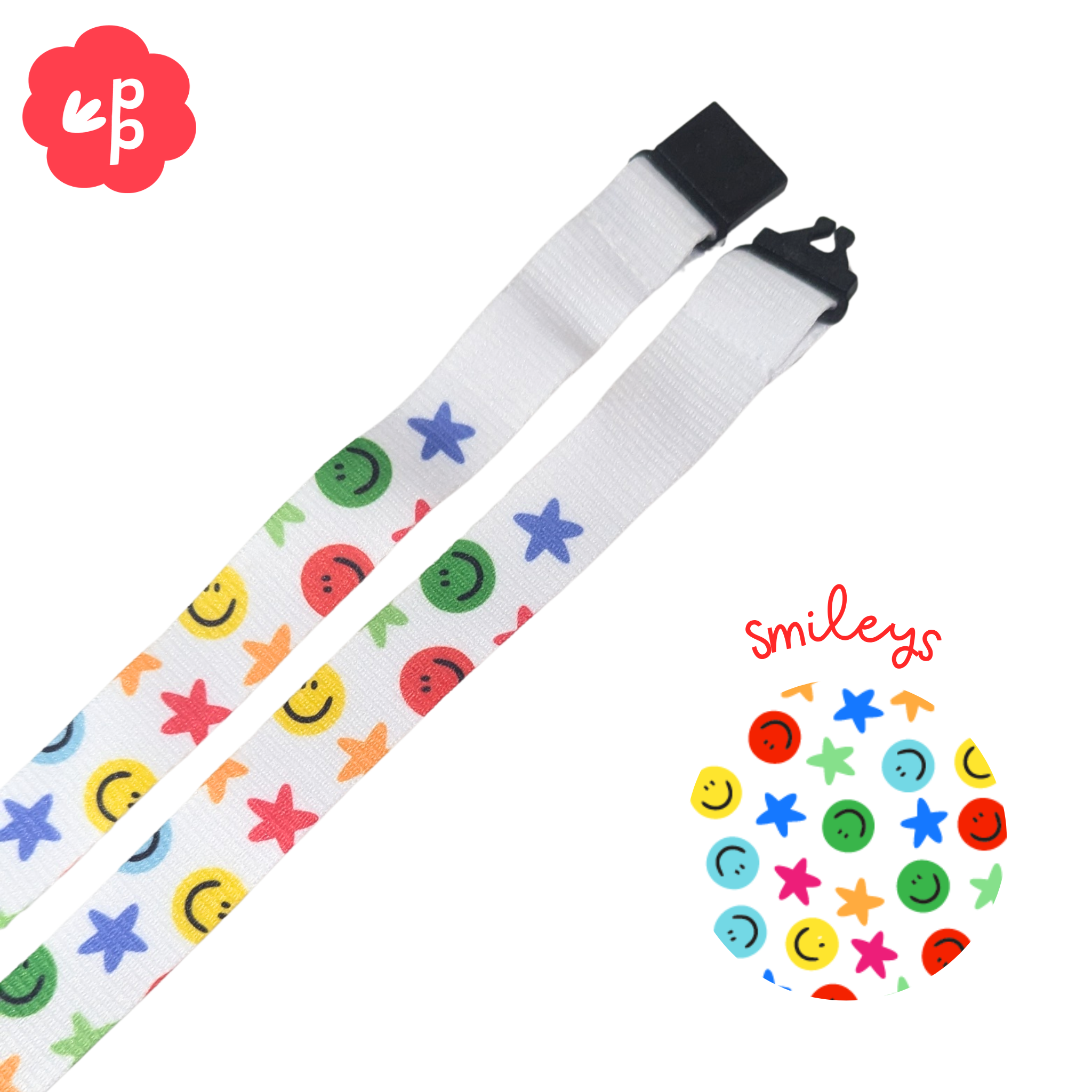 Teacher fabric lanyard with colorful smiley face pattern on a white background with black breakaway clasp