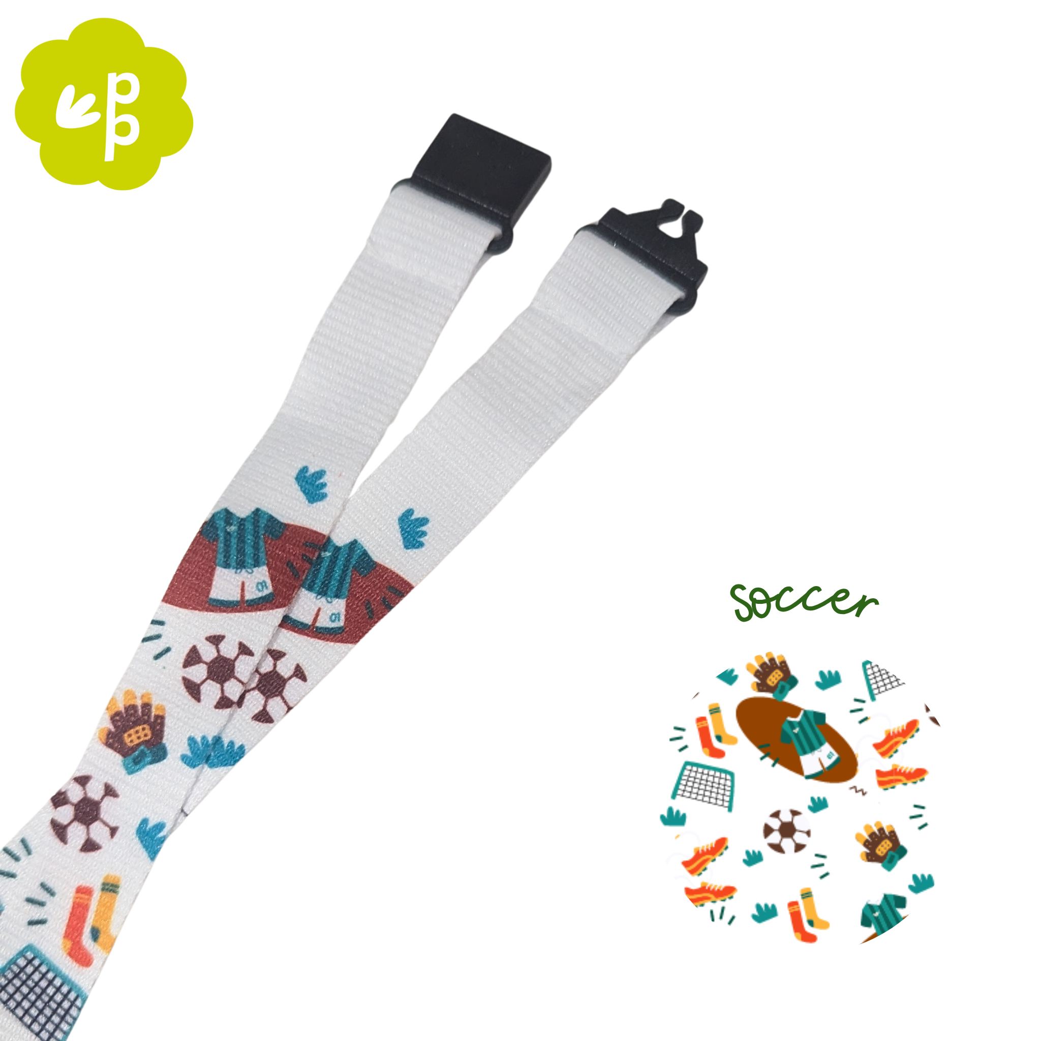 Teacher lanyard with soccer-themed design and black breakaway clasp on a white background.