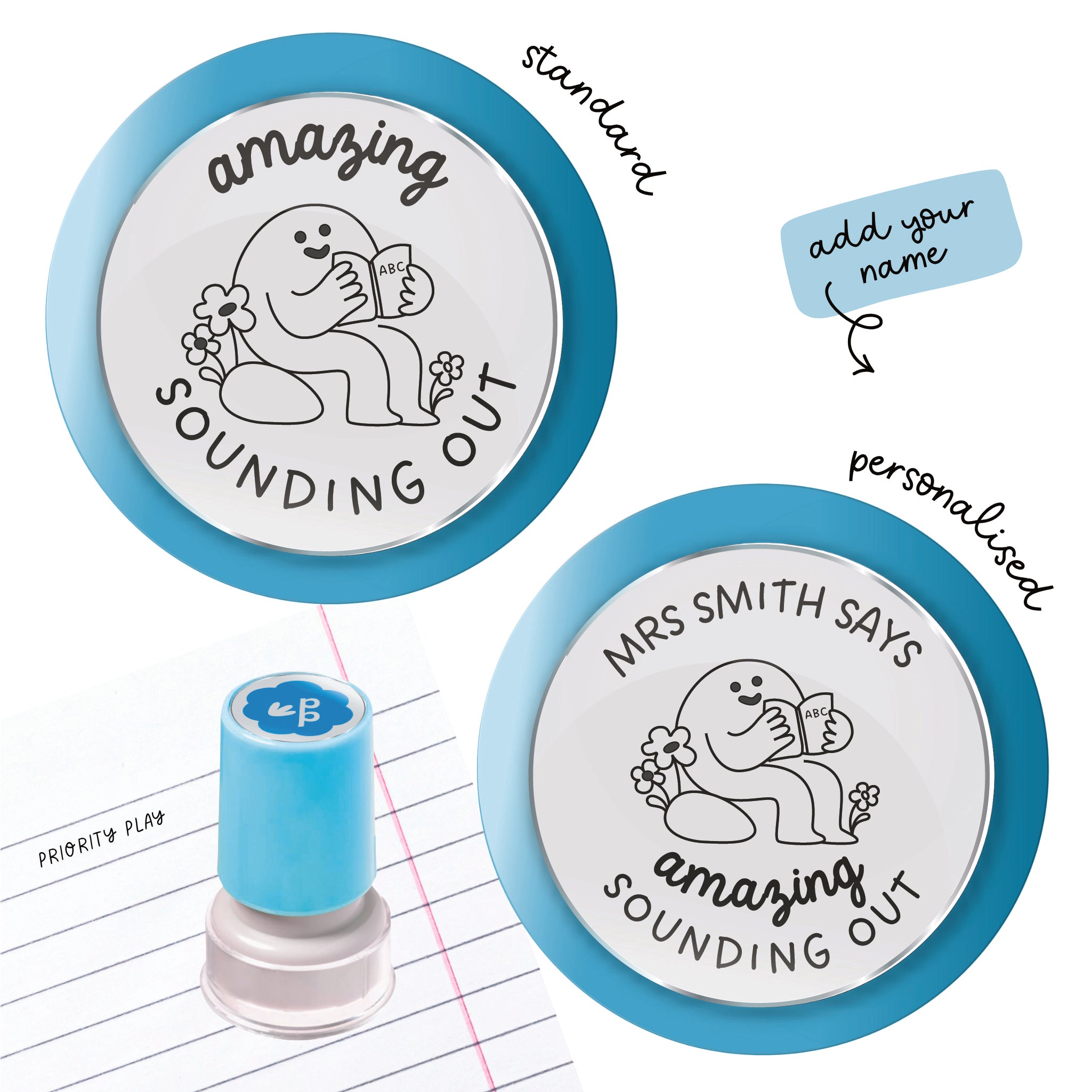 Amazing Sounding Out teacher stamp featuring a relaxed character reading a book and the phrase ‘amazing sounding out’, offered standard and personalised.
