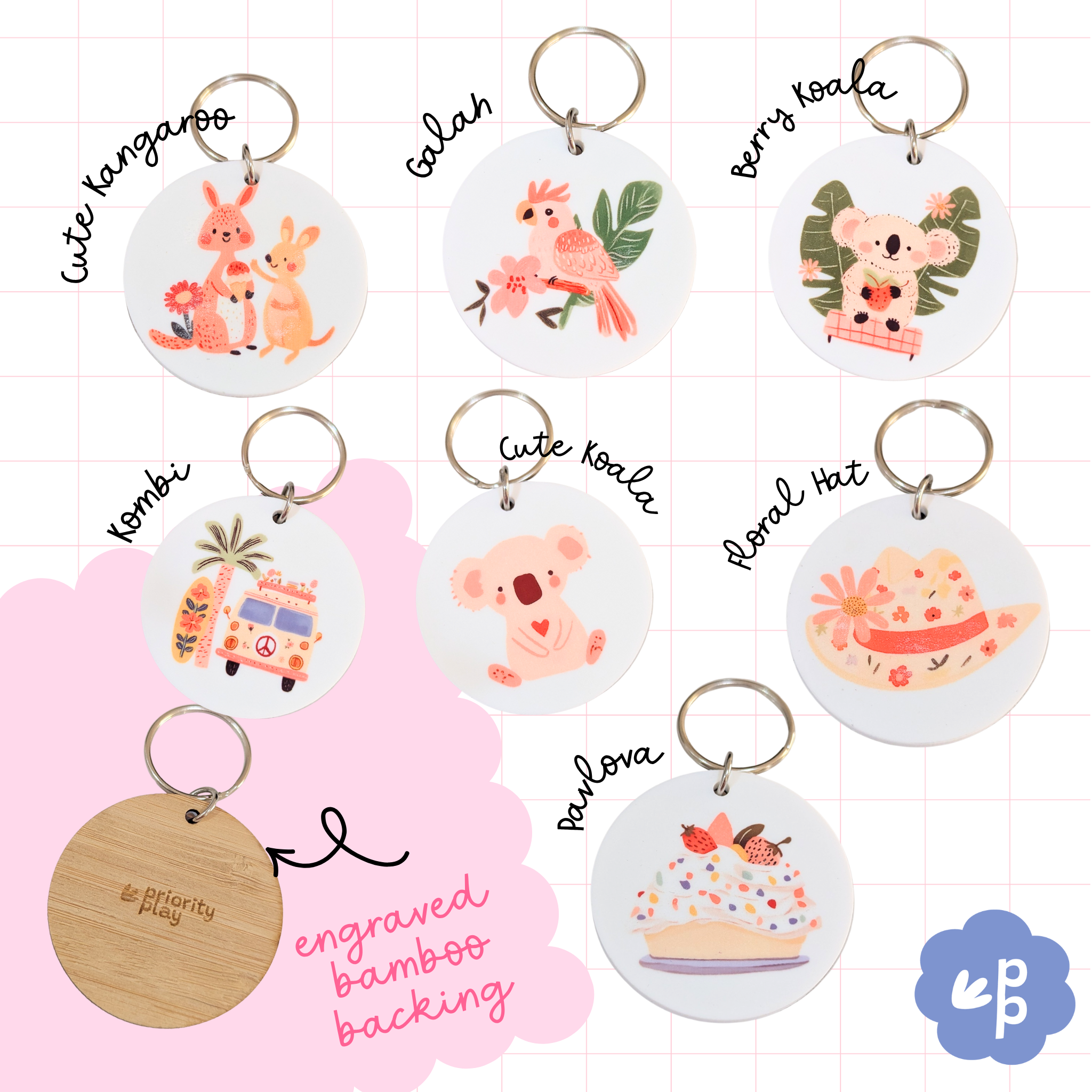 Cute koala bamboo keyring featuring a koala holding a strawberry with engraved bamboo backing by Priority Play.