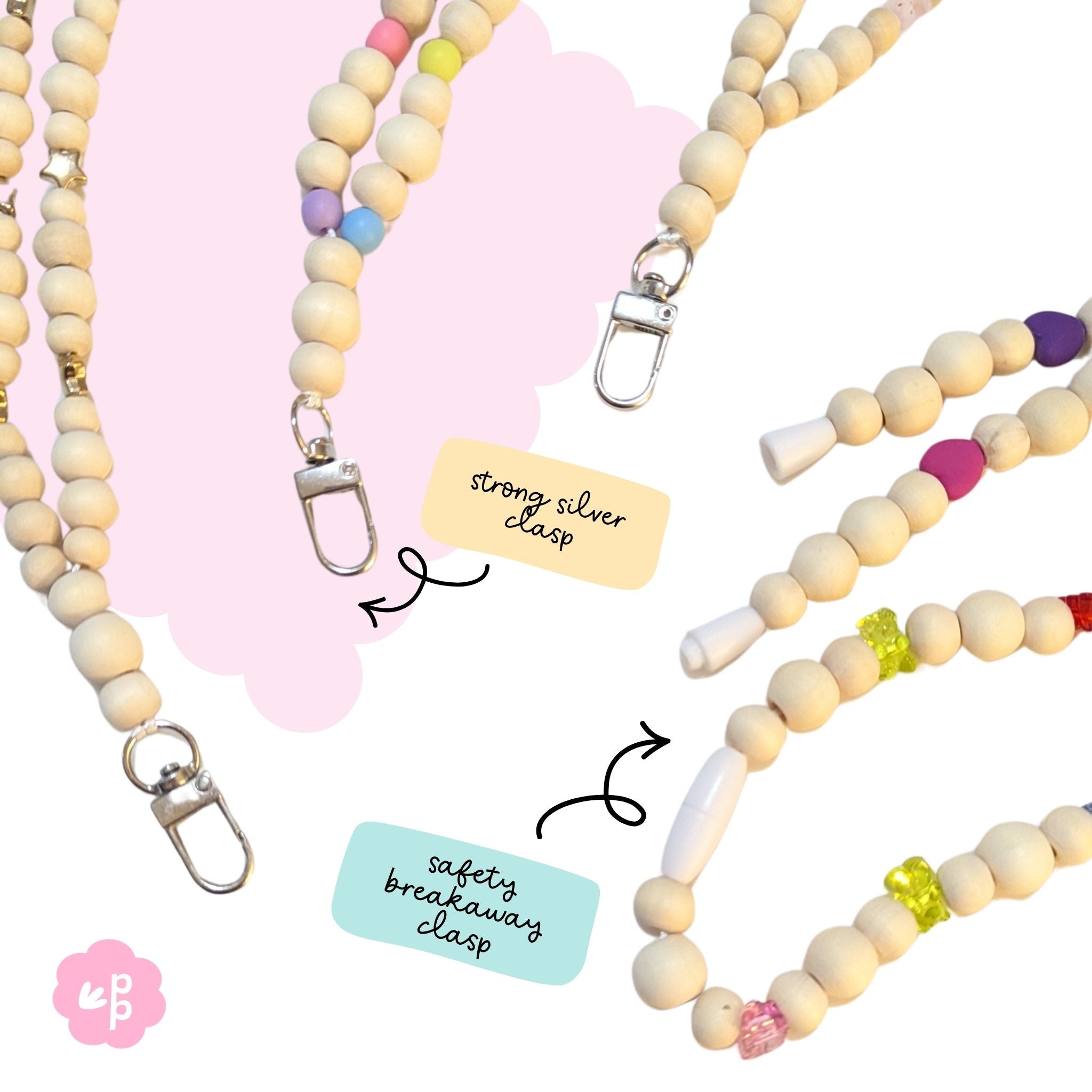 Beaded lanyard showing strong silver clasp and safety breakaway clasp features for teacher use