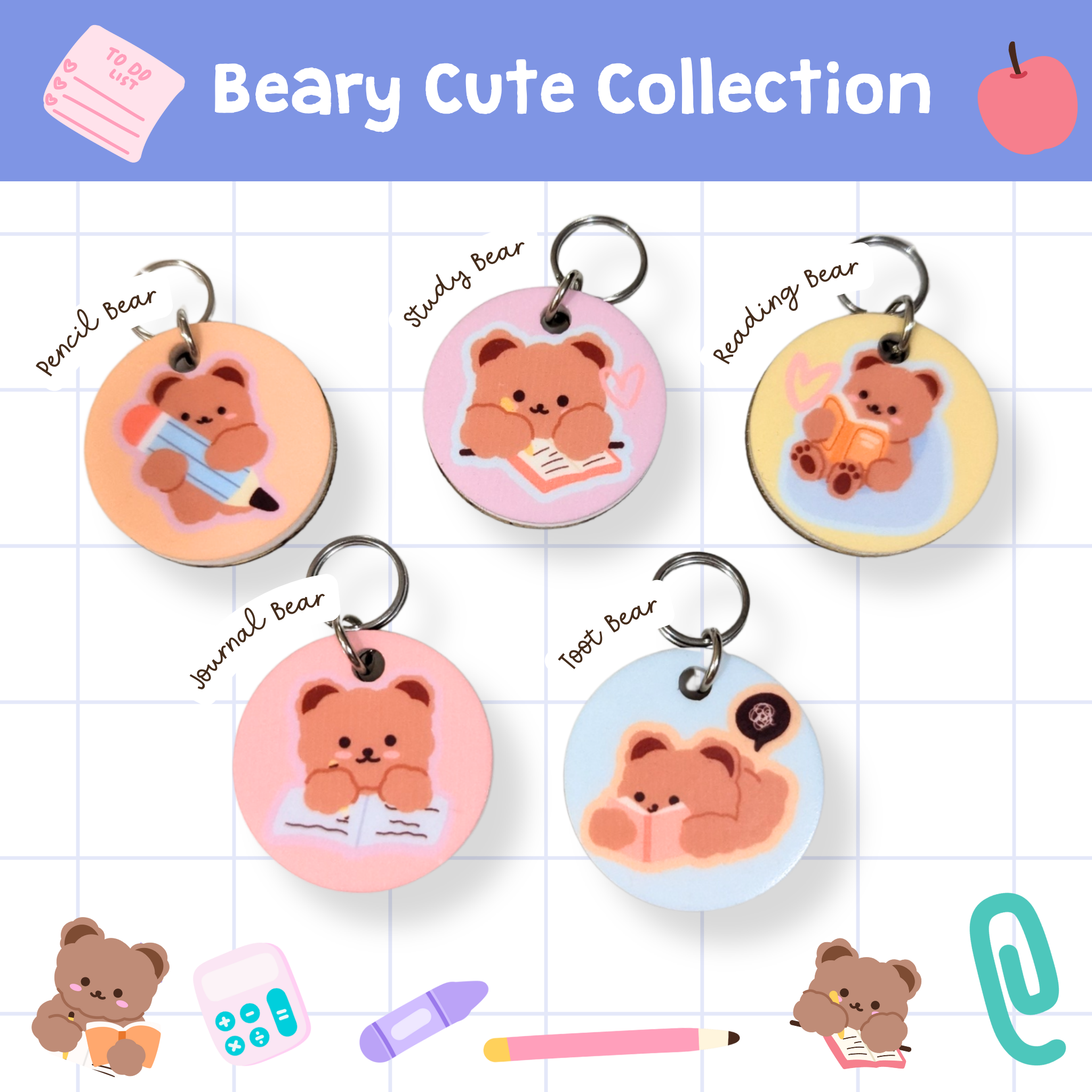 Beary Cute Collection of study bear lanyard charms and keychains, featuring Pencil Bear, Study Bear, Reading Bear, Journal Bear, and Toot Bear ā adorable classroom or office accessories.