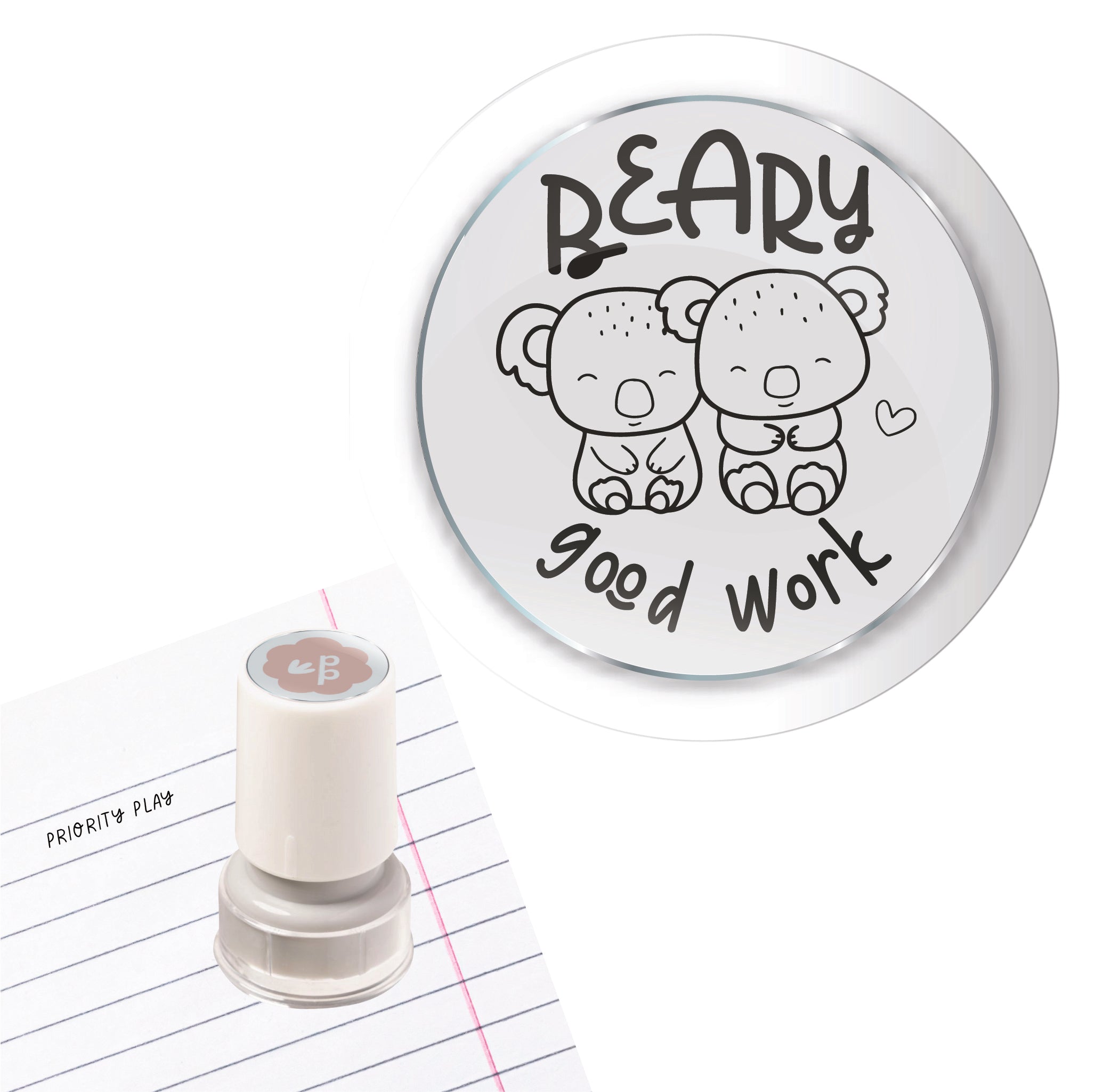 Two adorable koalas sitting together with the text “beary good work” on a teacher stamp.