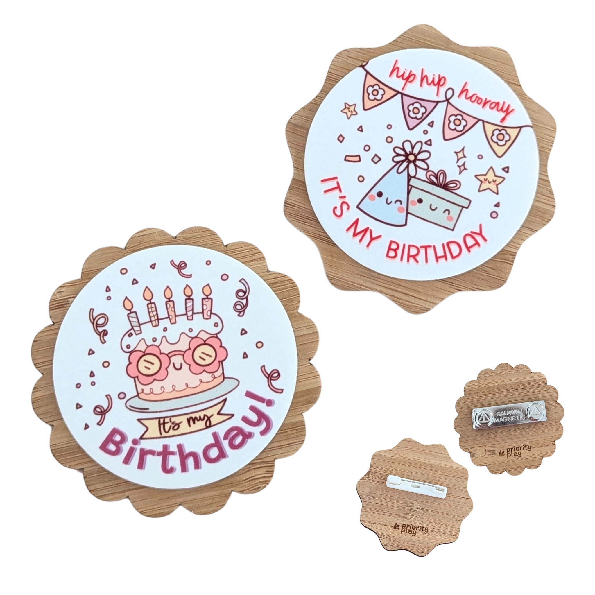 Itβs My Birthday bamboo badges in different designs with magnetic and pin backings by Priority Play