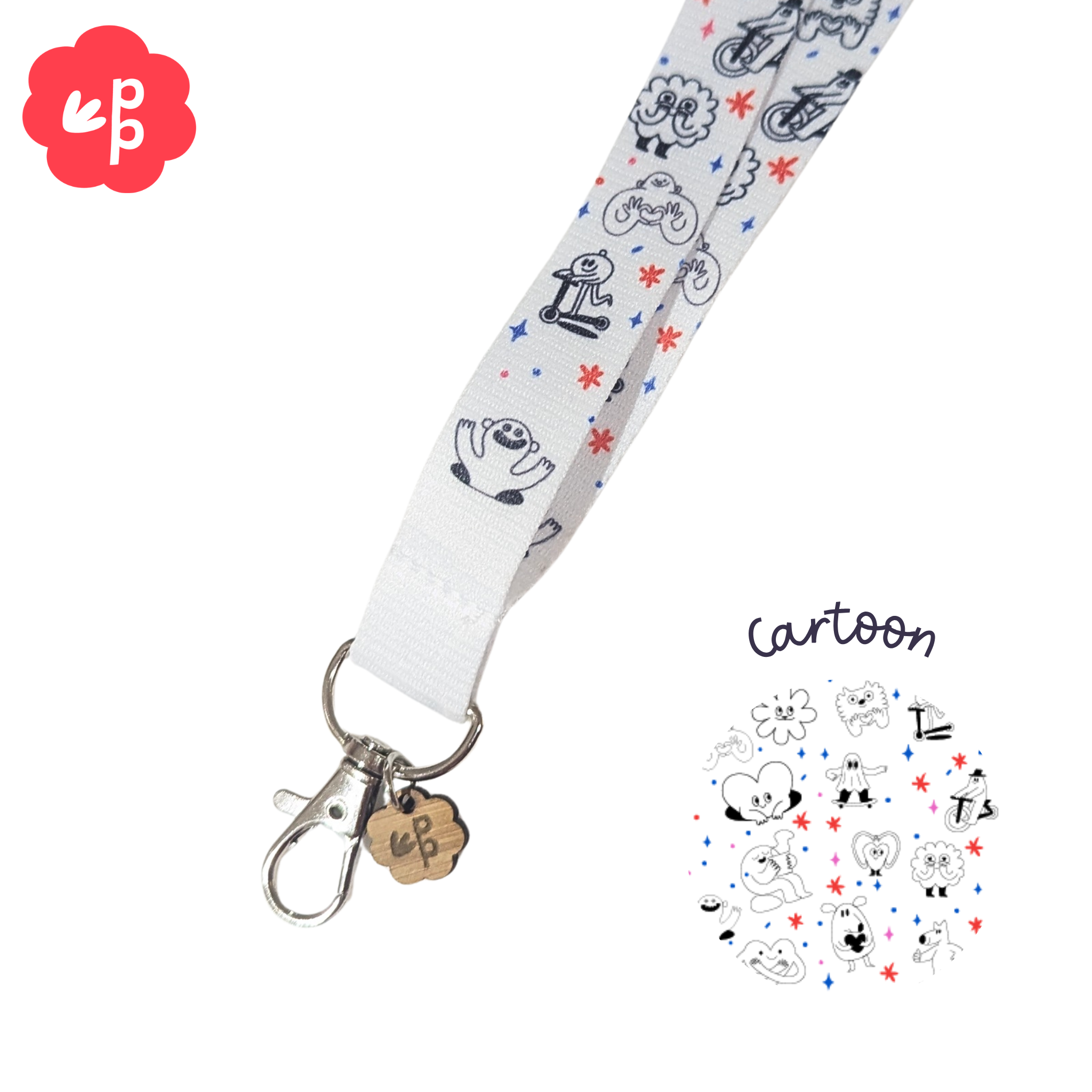 Cartoon-themed lanyard with keychain on a white background and silver clasp