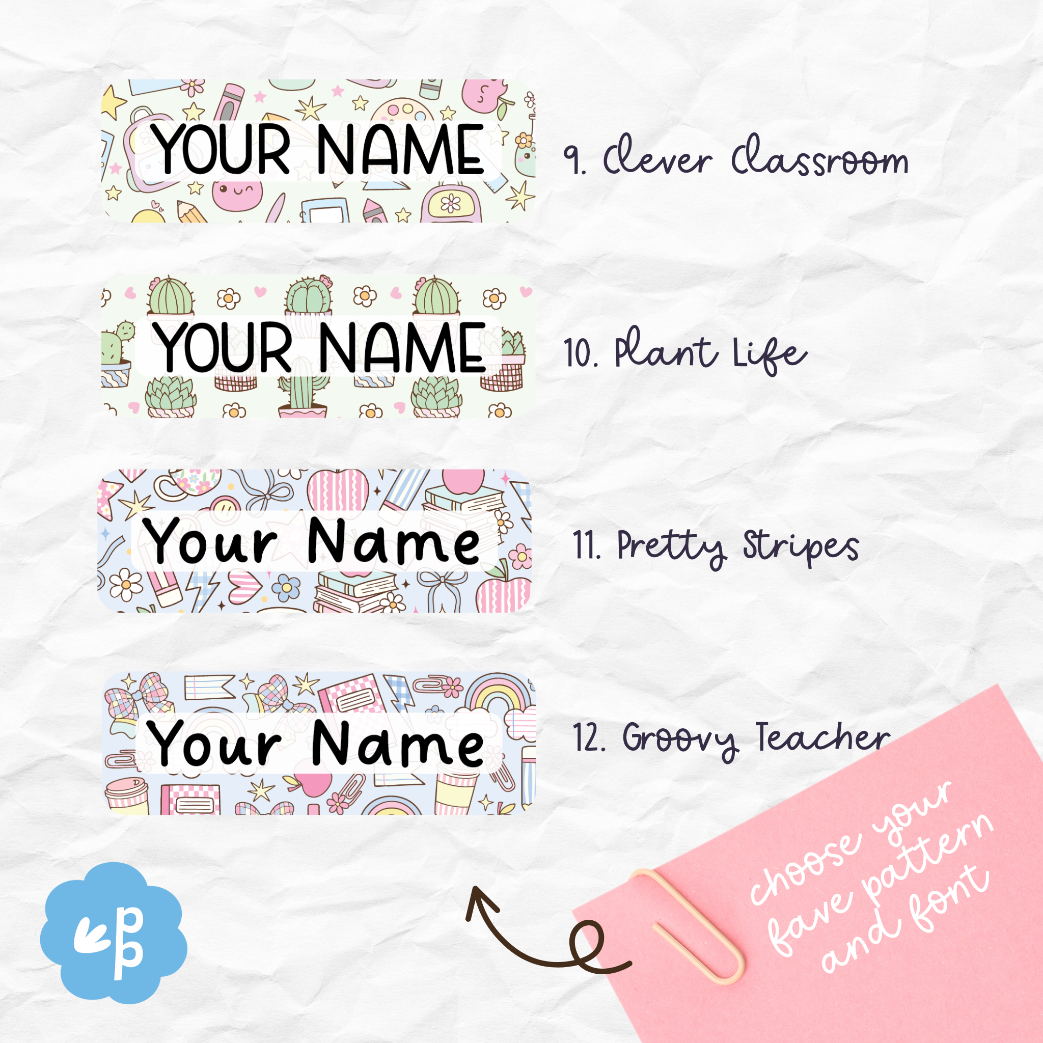 Magnetic pastel name tags for teachers with Clever Classroom, Plant Life, Pretty Stripes, and Groovy Teacher designs, handmade by Priority Play.