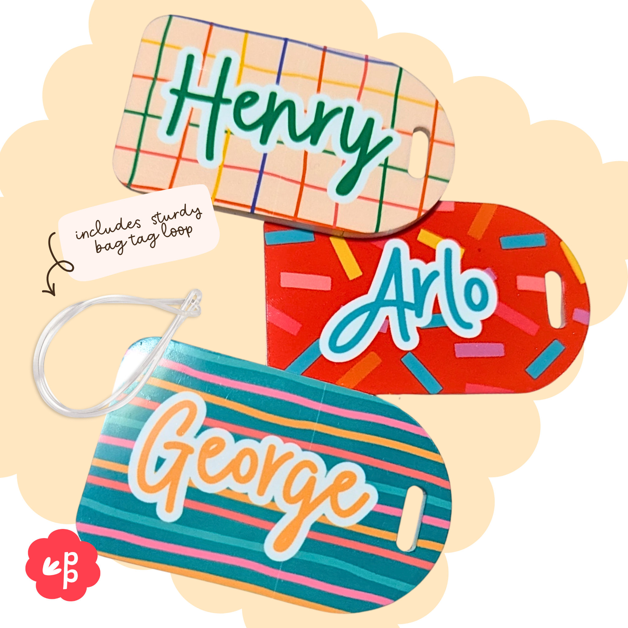 Custom kids bag tags with bold colourful patterns including stripes and sprinkles designs with names by Priority Play
