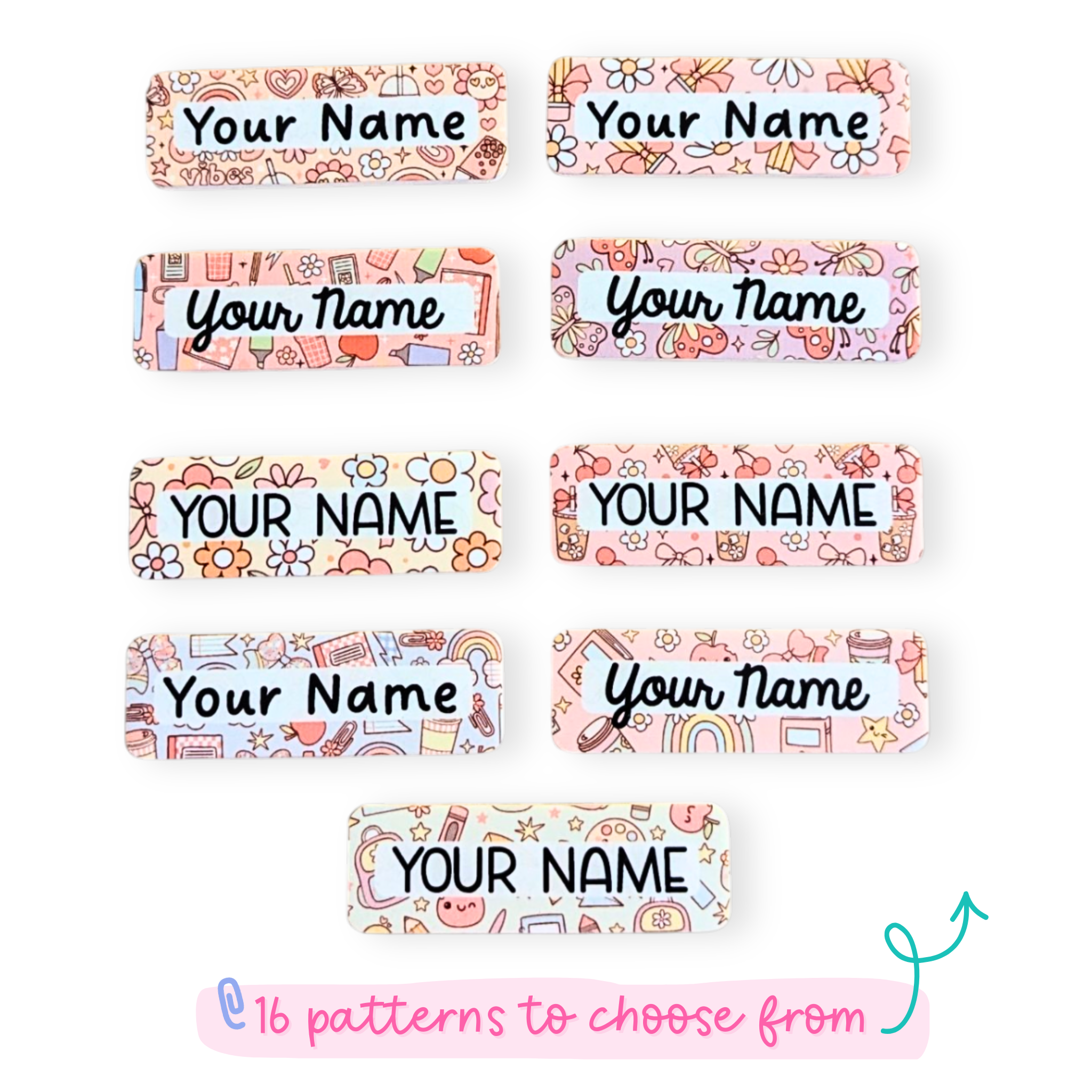 A collection of pastel magnetic teacher name badges in various cute patterns and fonts, perfect for educators, handmade by Priority Play.