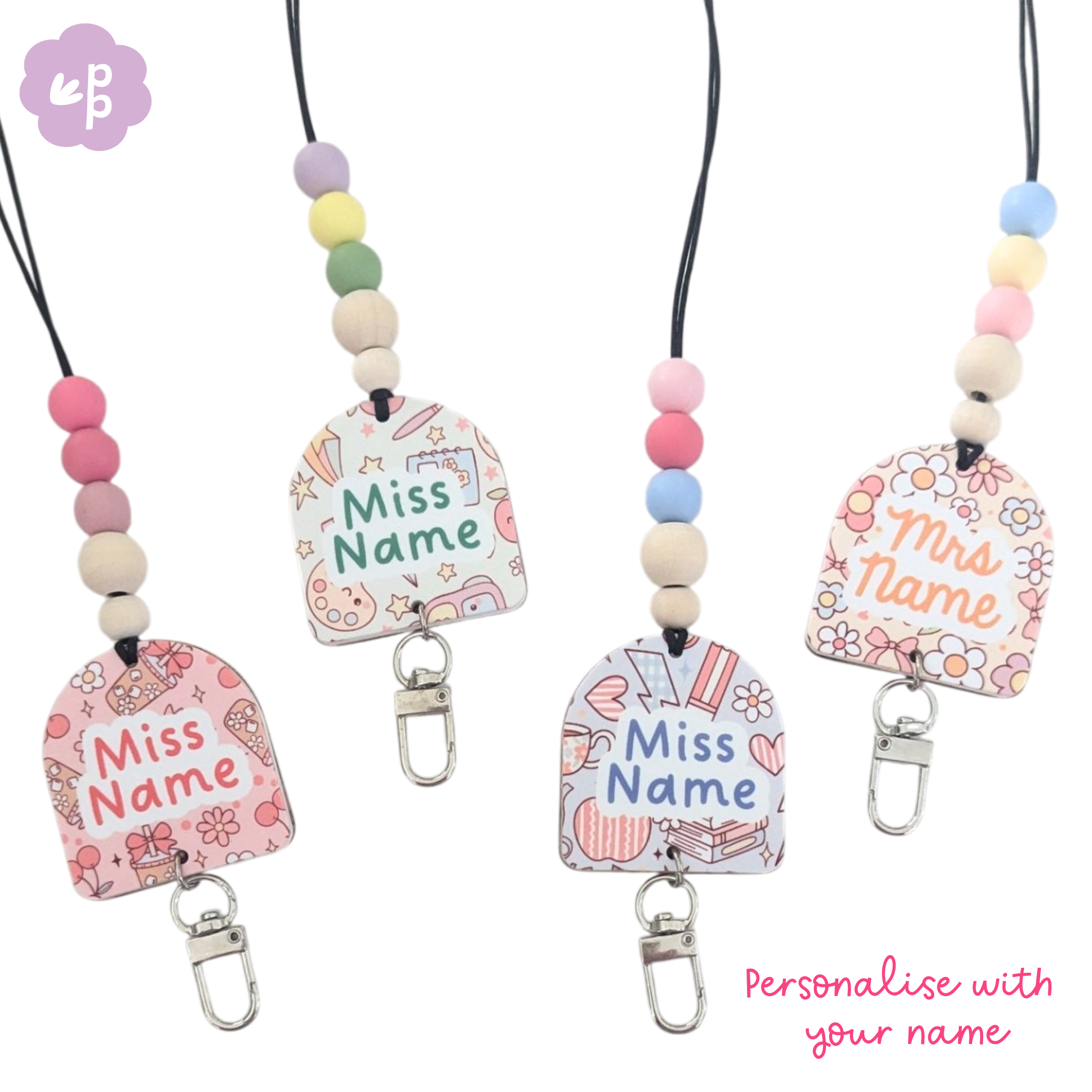 Custom pastel teacher lanyards with arch-shaped name tags and colourful silicone beads with silver clasp and breakaway clasp