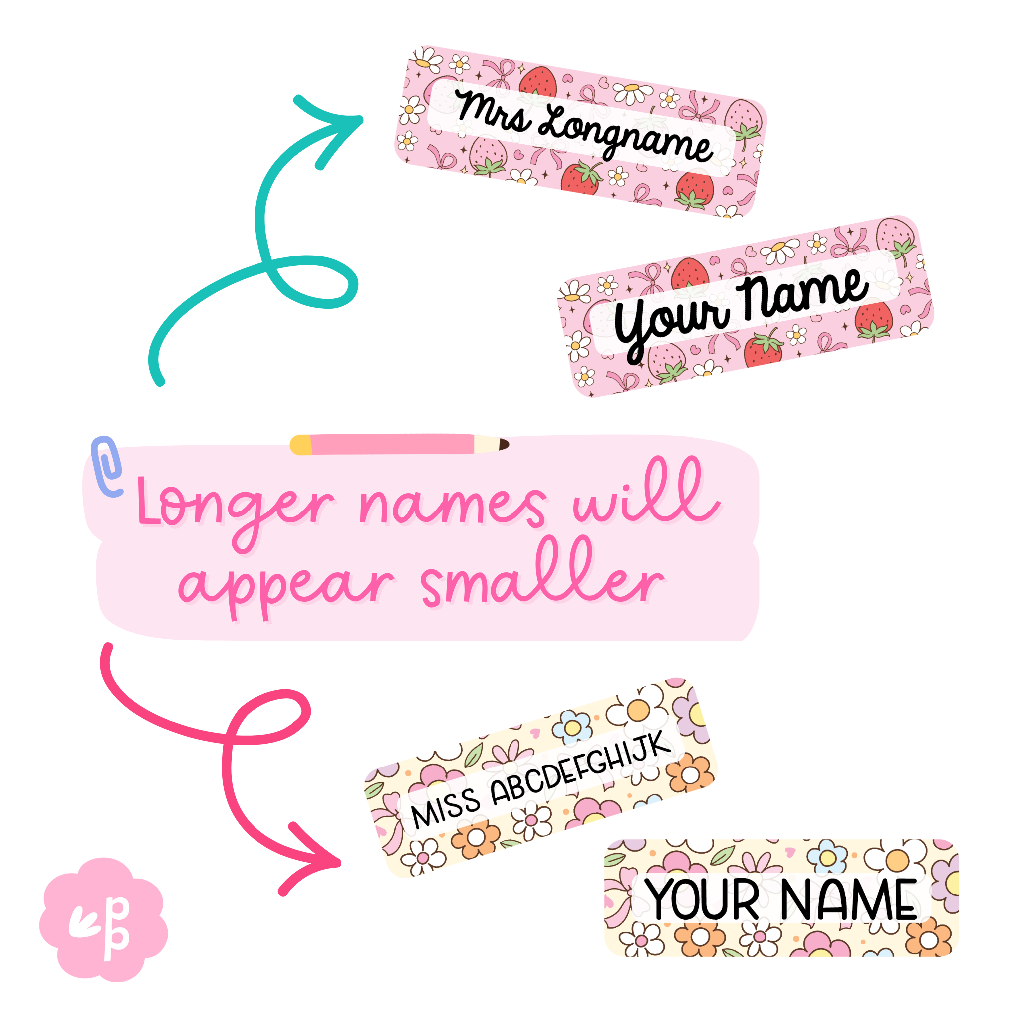 Example showing how long teacher names appear on pastel patterned magnetic name badges, handmade by Priority Play.
