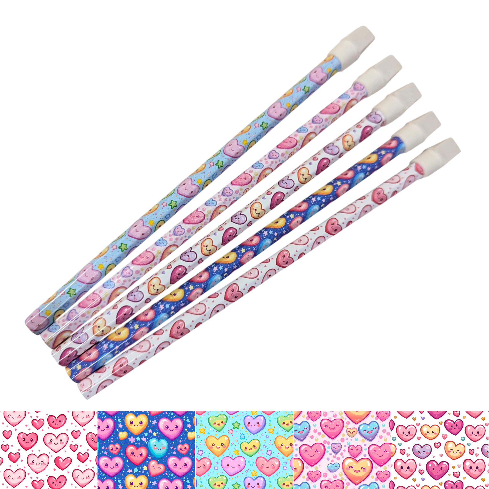 Set of colourful vinyl wrapped pencils with cute heart faces, handmade for students and stationery lovers by Priority Play.