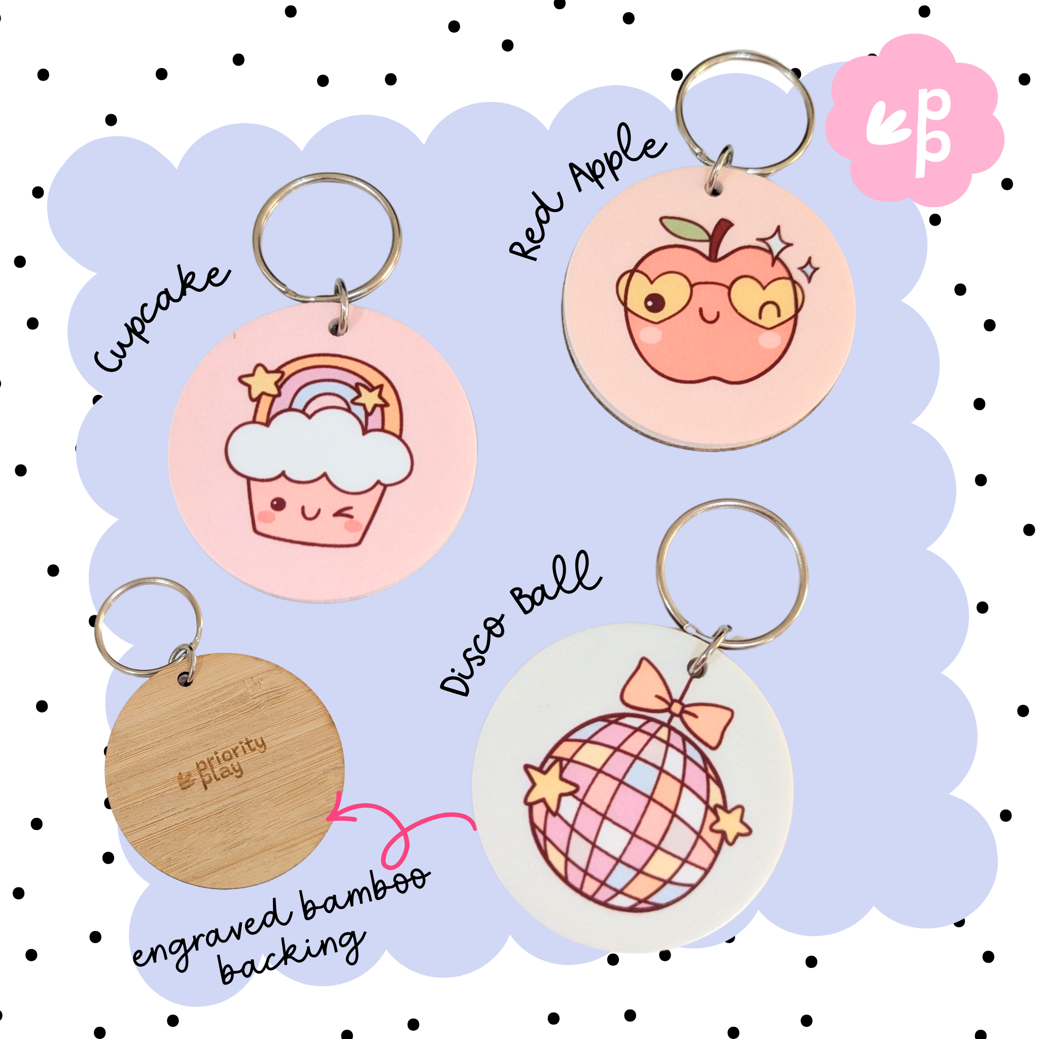 Cute round bamboo keyrings with pastel designs including flowers, rainbows, apples, and disco balls — perfect teacher or student gifts from Priority Play.
