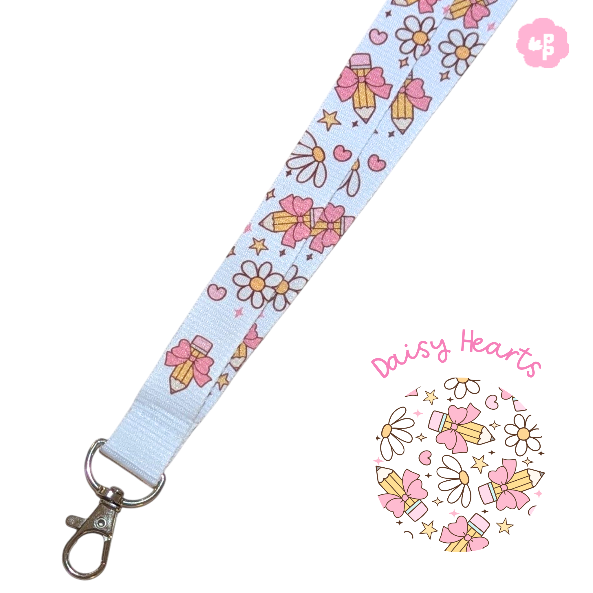 White fabric teacher lanyard with a daisy and heart pattern and silver clasp.