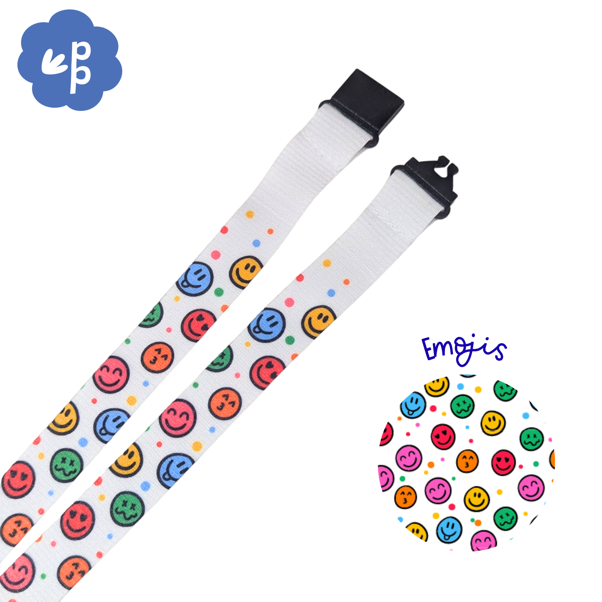 Fabric teacher lanyard with colorful emoji patterns on a white background, featuring the brand logo in the corner and a breakaway clasp