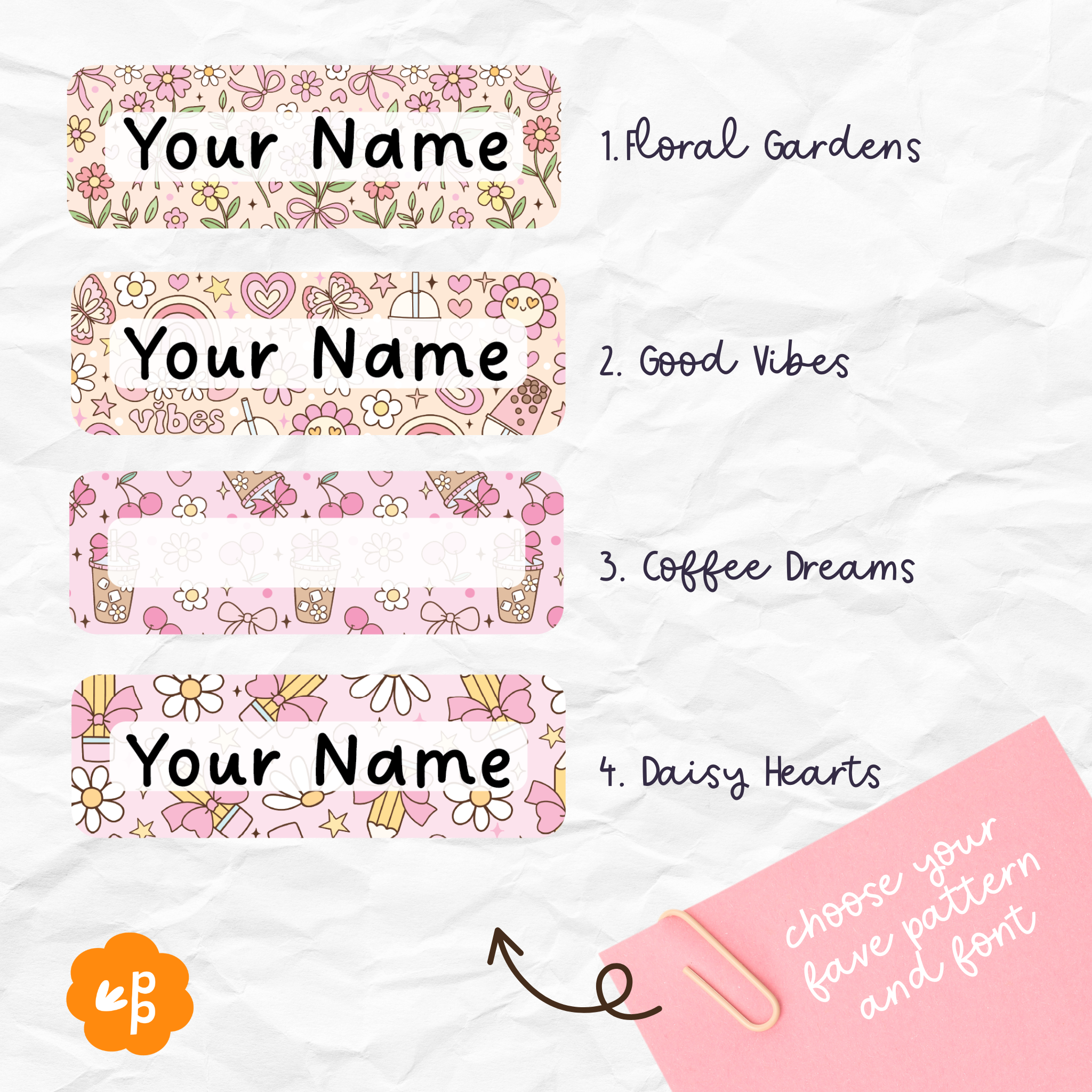 Set of four pastel magnetic teacher name badges in Floral Gardens, Good Vibes, Coffee Dreams, and Daisy Hearts designs, Priority Play.
