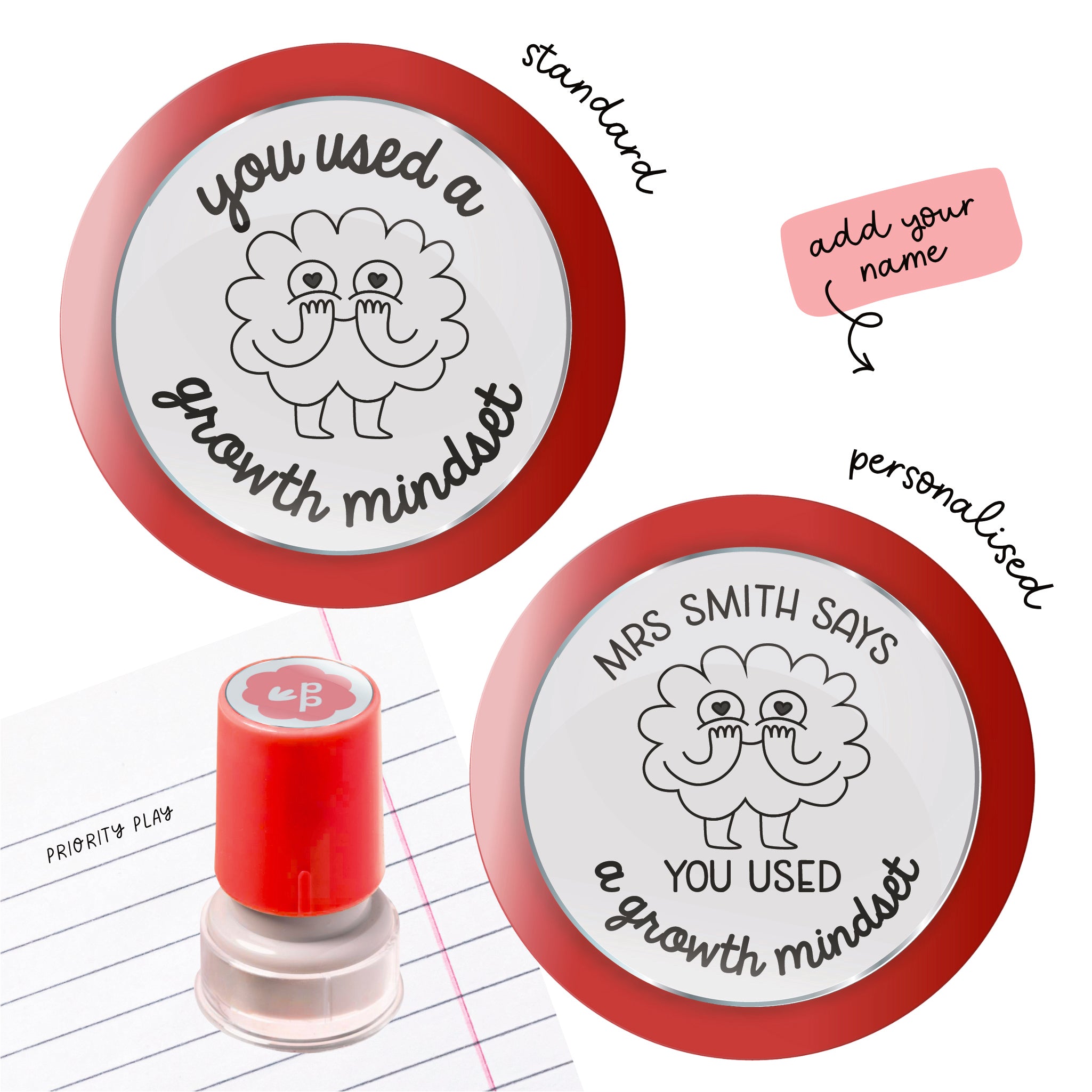 Cute teacher stamp showing character with hearts and the words you used a growth mindset.