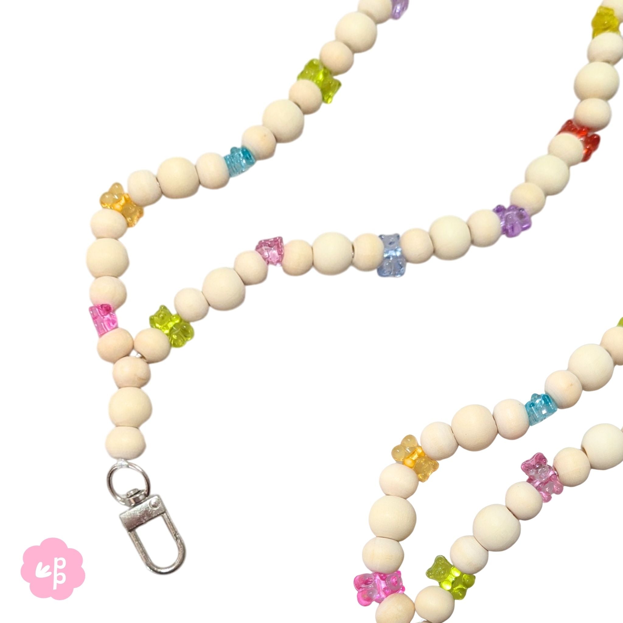 Beaded teacher lanyard with natural wood beads and colourful gummy bear accents, handmade lanyard for ID badge or keys