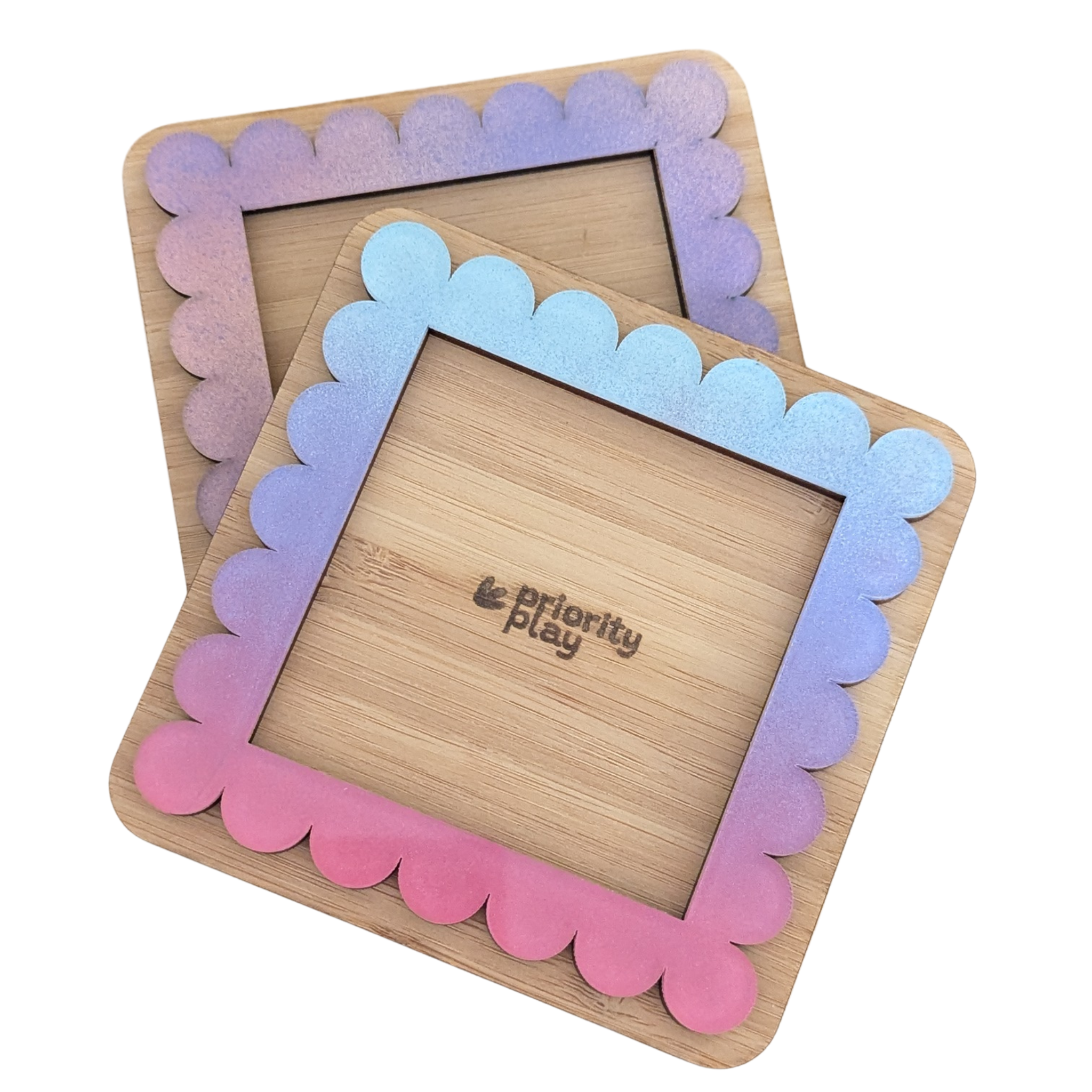 Cotton Candy colourway handmade Post-It note holder with pastel purple and blue acrylic frame — eco-friendly stationery piece by Priority Play.