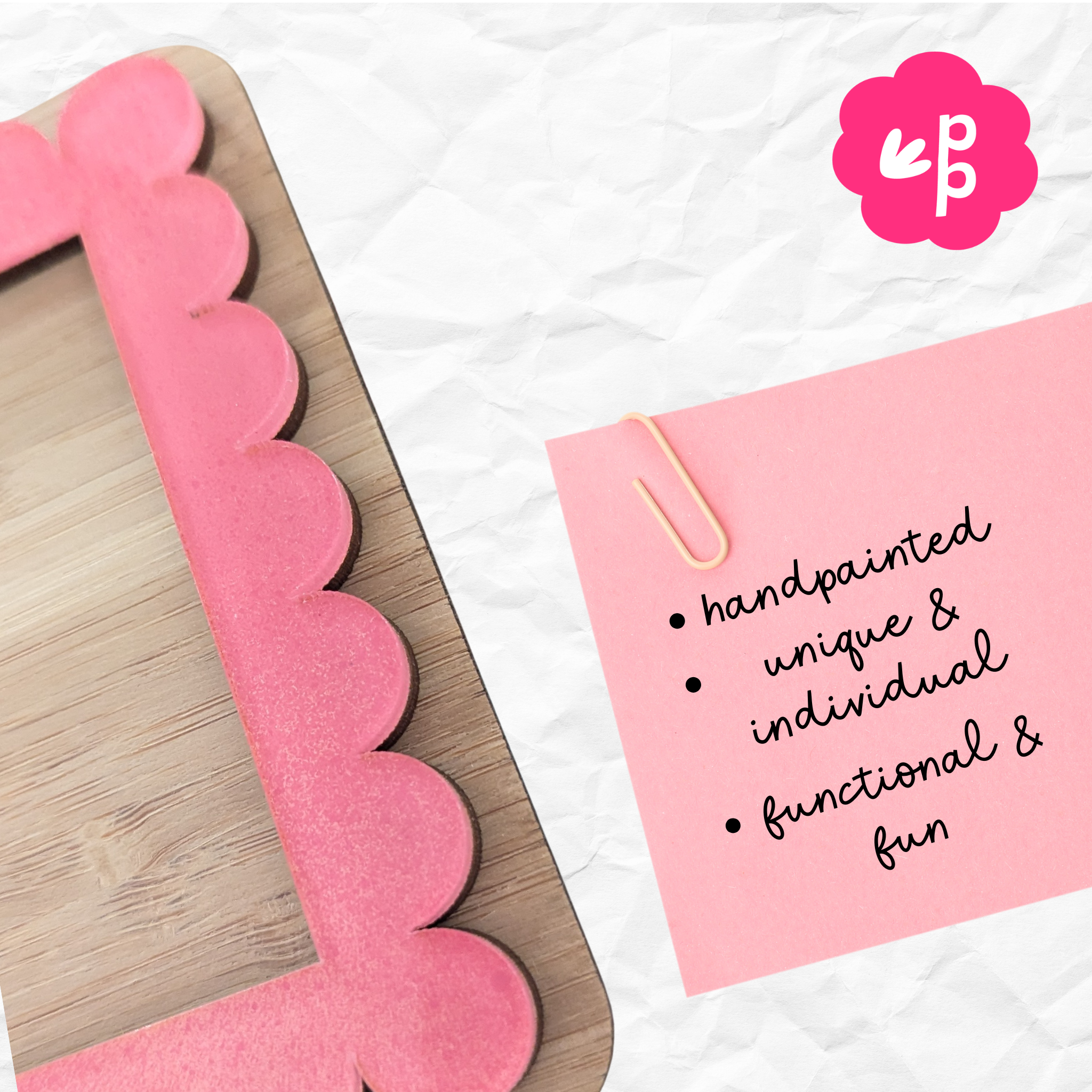Vibrant pink handmade bamboo Post-It note holder displayed with colourful sticky notes — eco-friendly and stylish stationery gift by Priority Play.