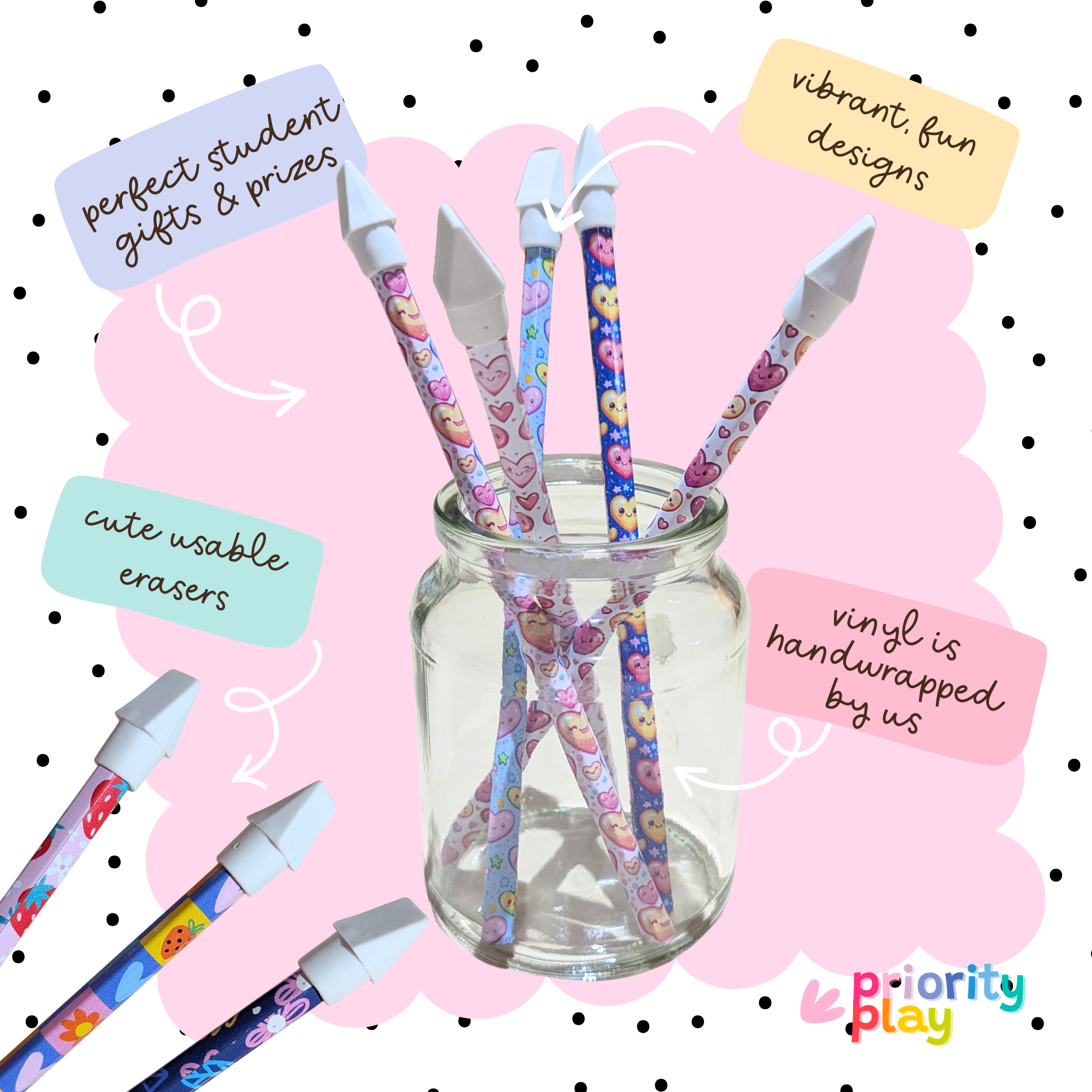 Vinyl wrapped heart design pencils in a jar, featuring pastel colours and reusable erasers, handmade by Priority Play.