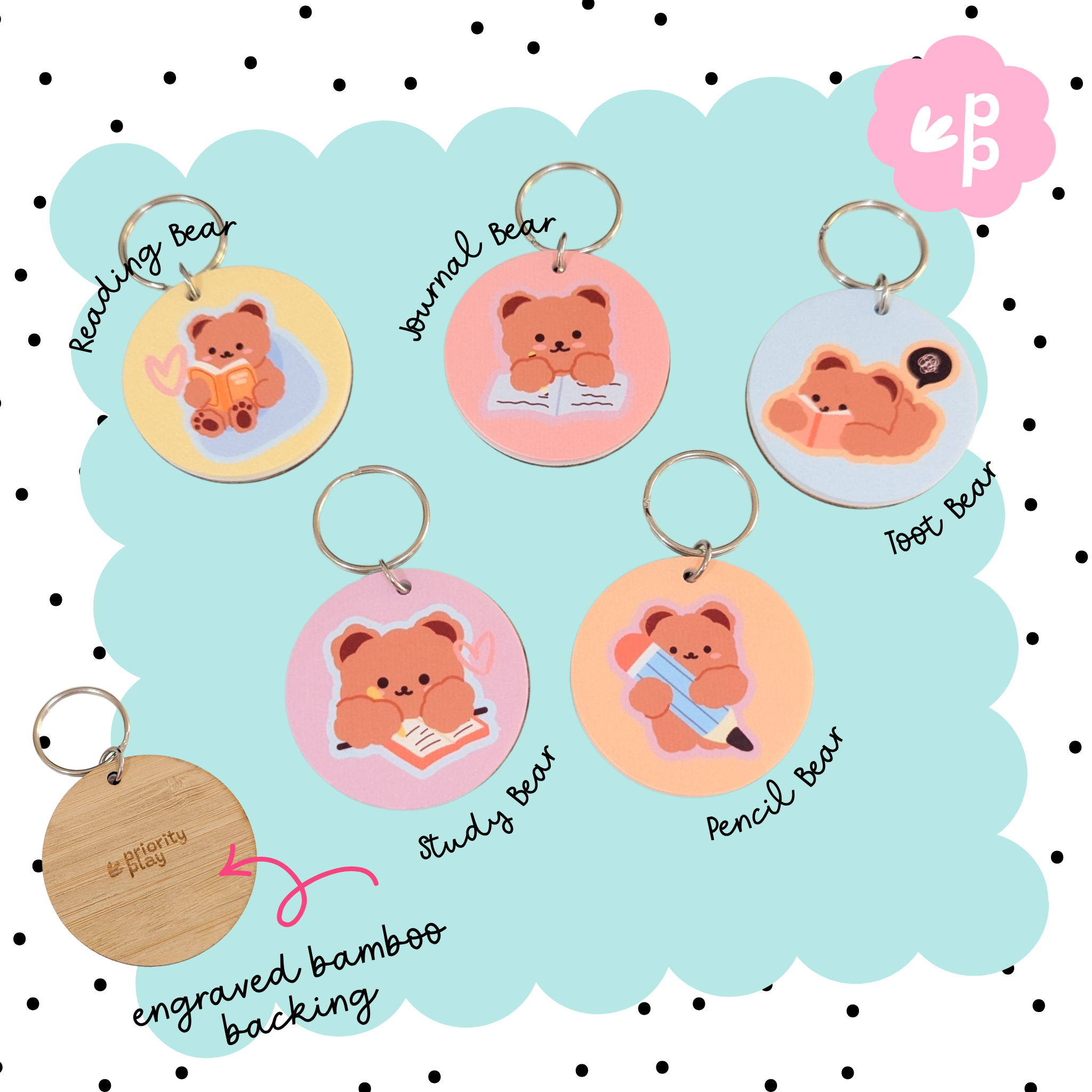 Set of five kawaii bear keyrings featuring Reading Bear, Journal Bear, Study Bear, Pencil Bear, and Toot Bear – perfect for stationery lovers and gift ideas