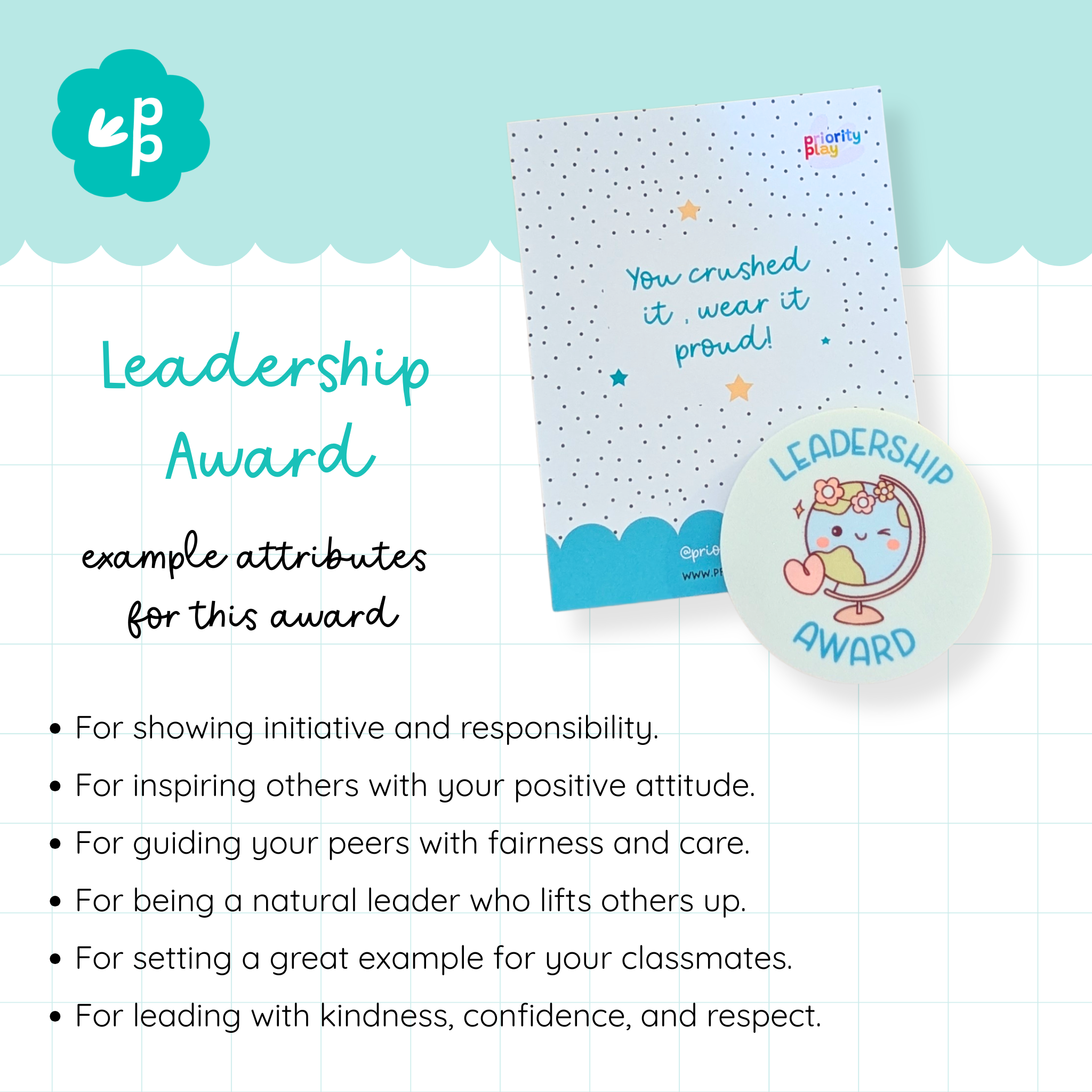 Leadership Award badge from Priority Play with a globe illustration, celebrating students who show initiative, responsibility, and inspire others.