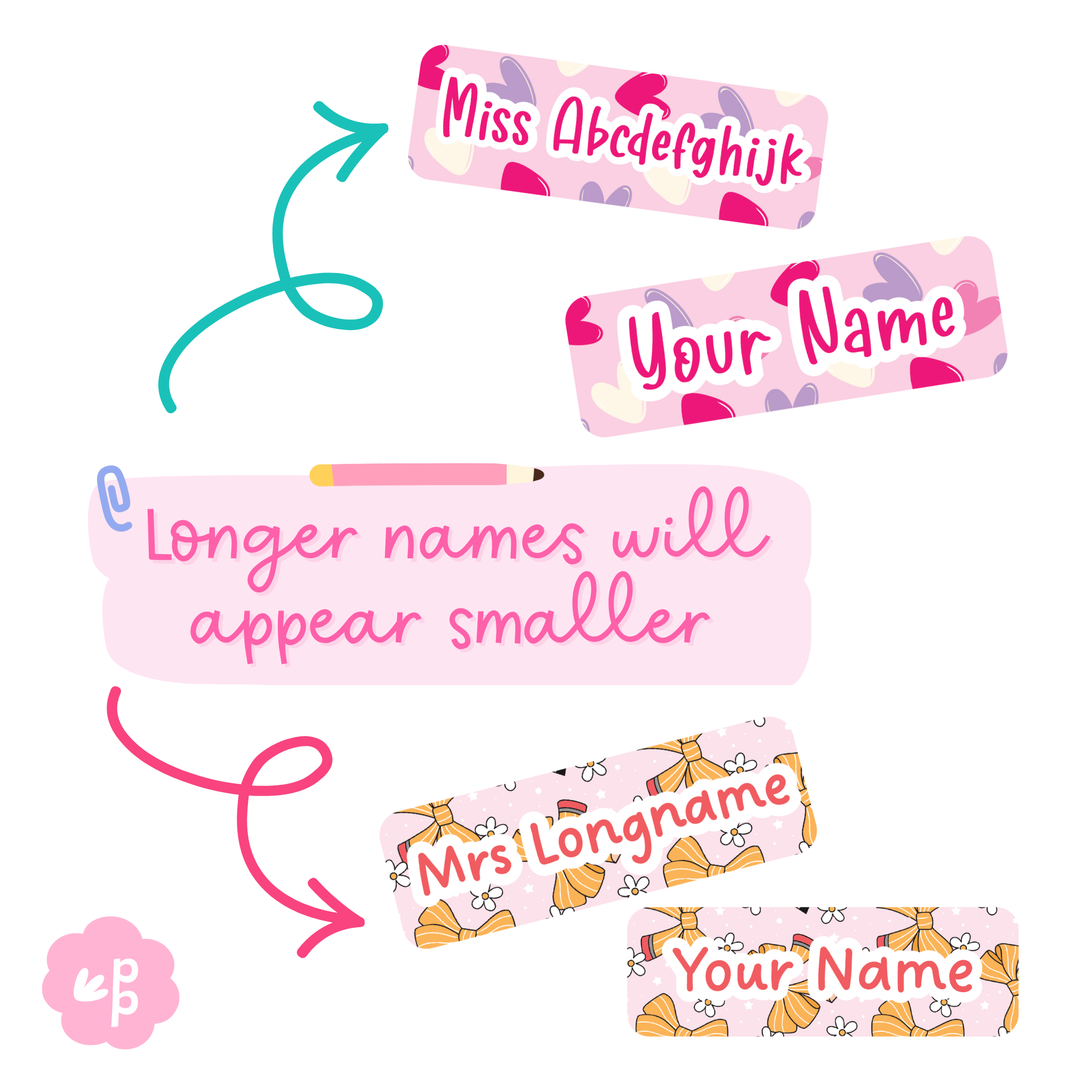 name badges with patterns showing longer names and sizing on the patterned magnetic badges on a white background.
