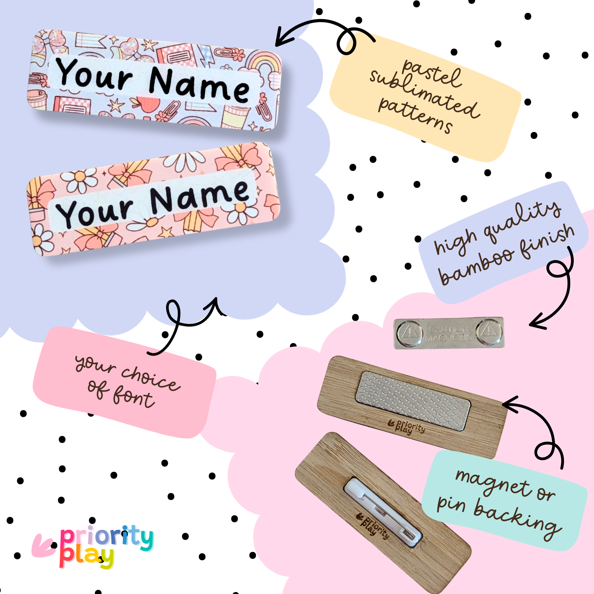 Custom teacher name badges showing font options and bamboo backing with magnetic and pin attachment choices, from Priority Play.