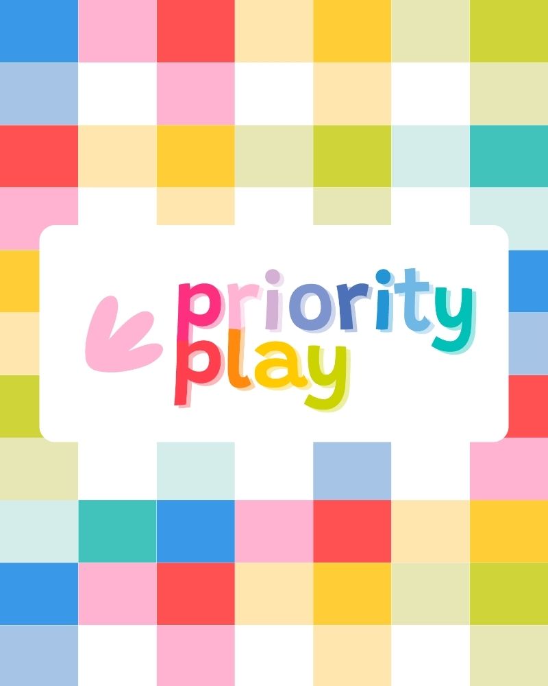 Colorful checkered pattern with 'priority play' text in the center