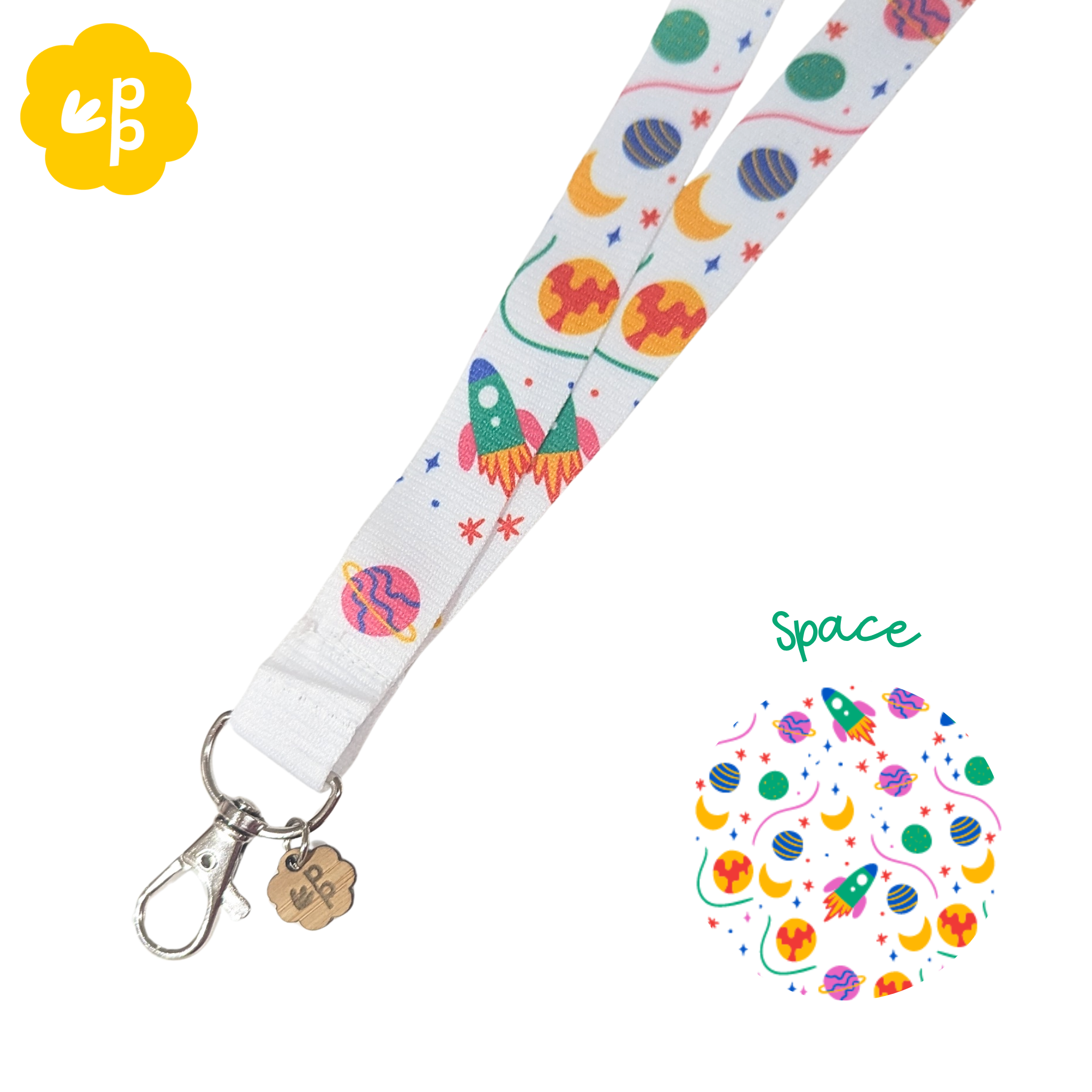Lanyard with space-themed design on a white background and silver clasp