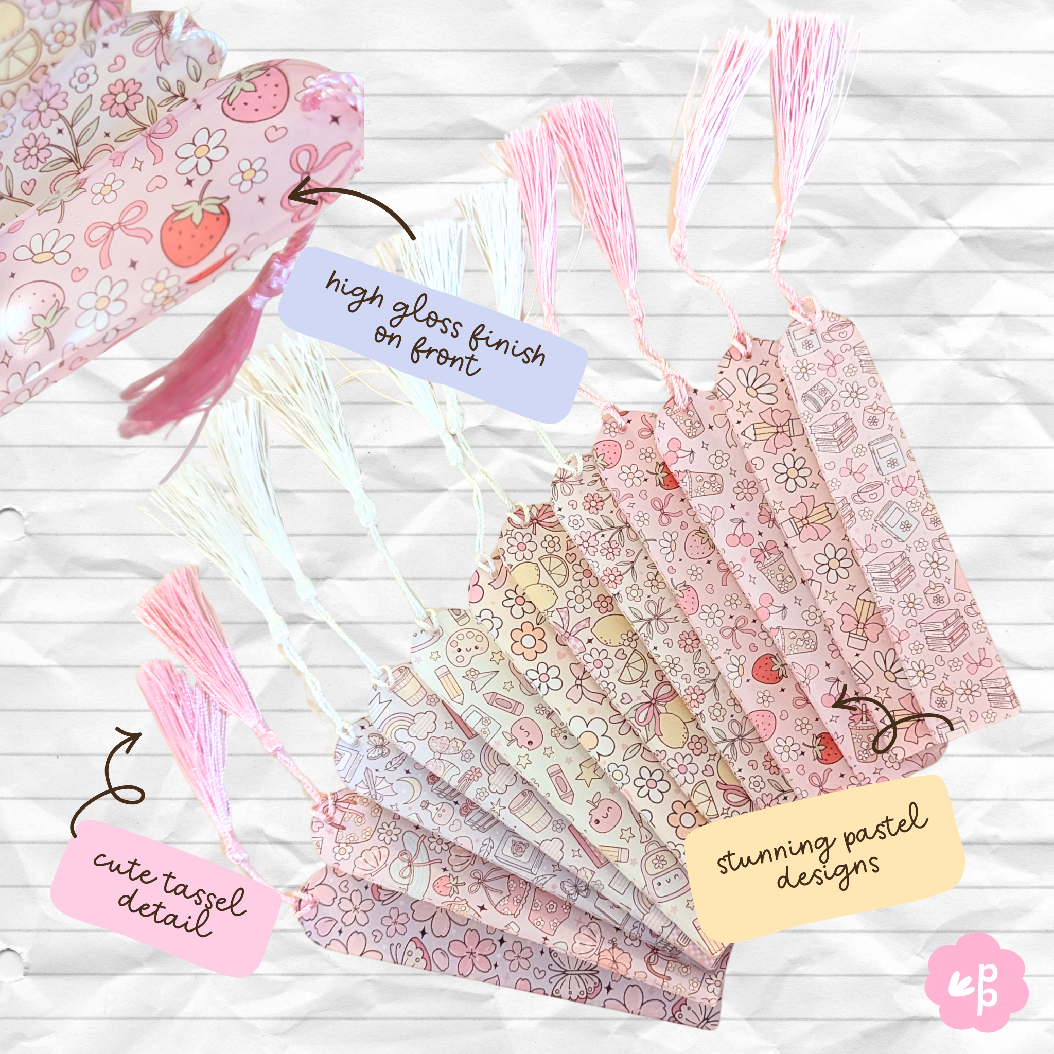 Collection of pastel acrylic bookmarks with tassels showing different cute designs and glossy finish.
