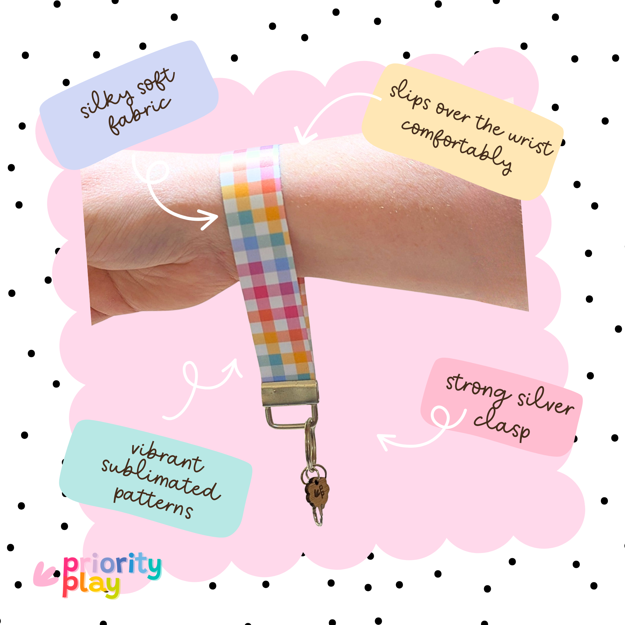 Pastel gingham fabric wristlet keychain shown on wrist with strong silver clasp, soft handmade key fob for teachers.
