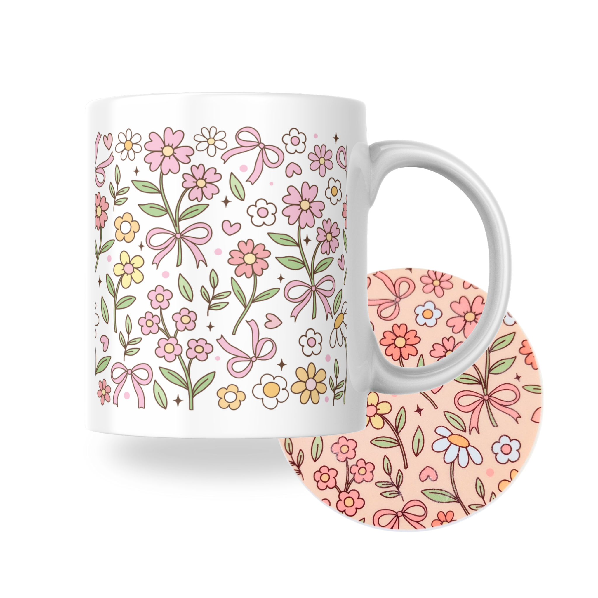 Pastel floral bouquet mug and coaster set with hand-drawn flowers, hearts, and bows in soft pink and yellow tones β a cute botanical design by Priority Play.