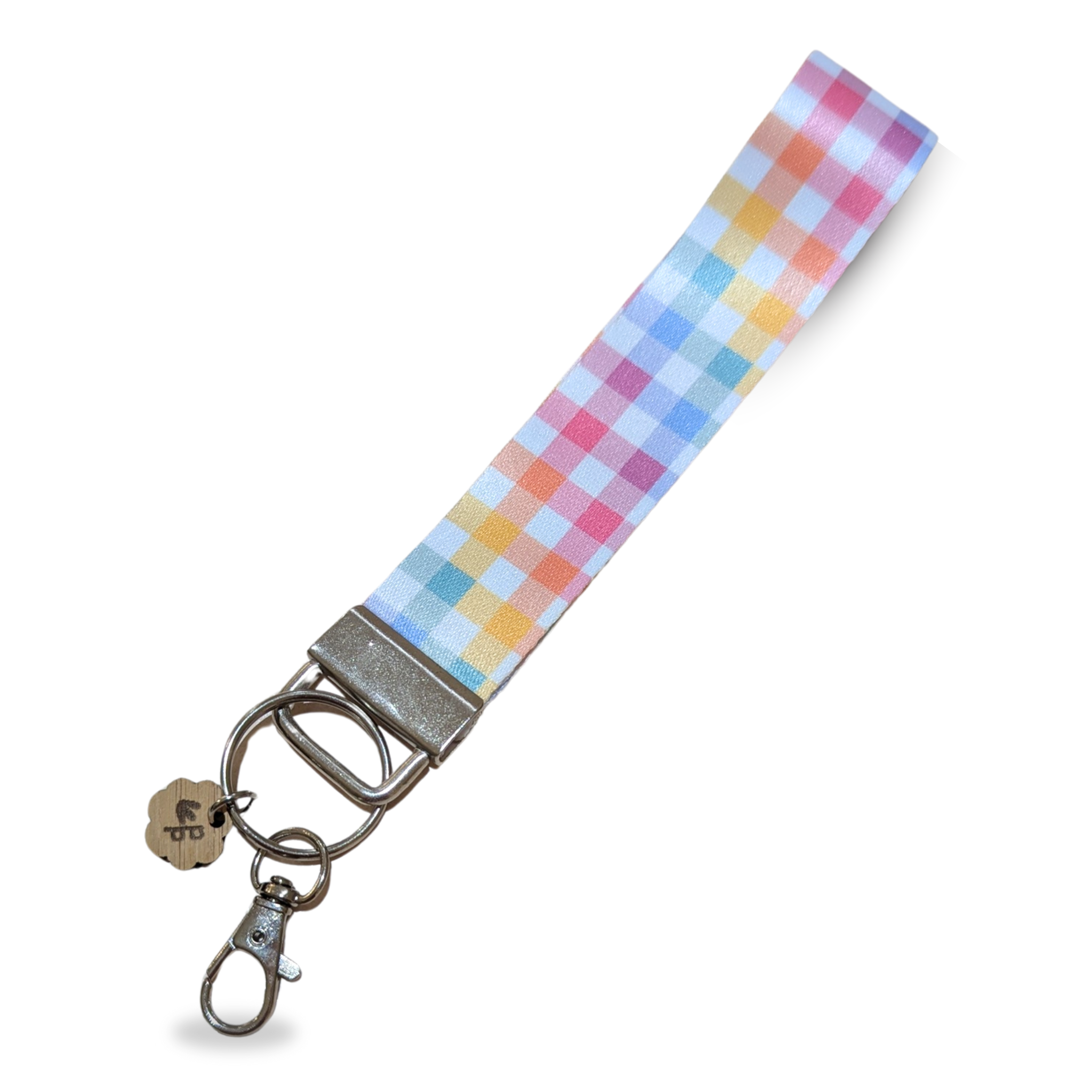 Pastel rainbow gingham fabric wristlet keychain, handmade and perfect for bright, cheerful style.