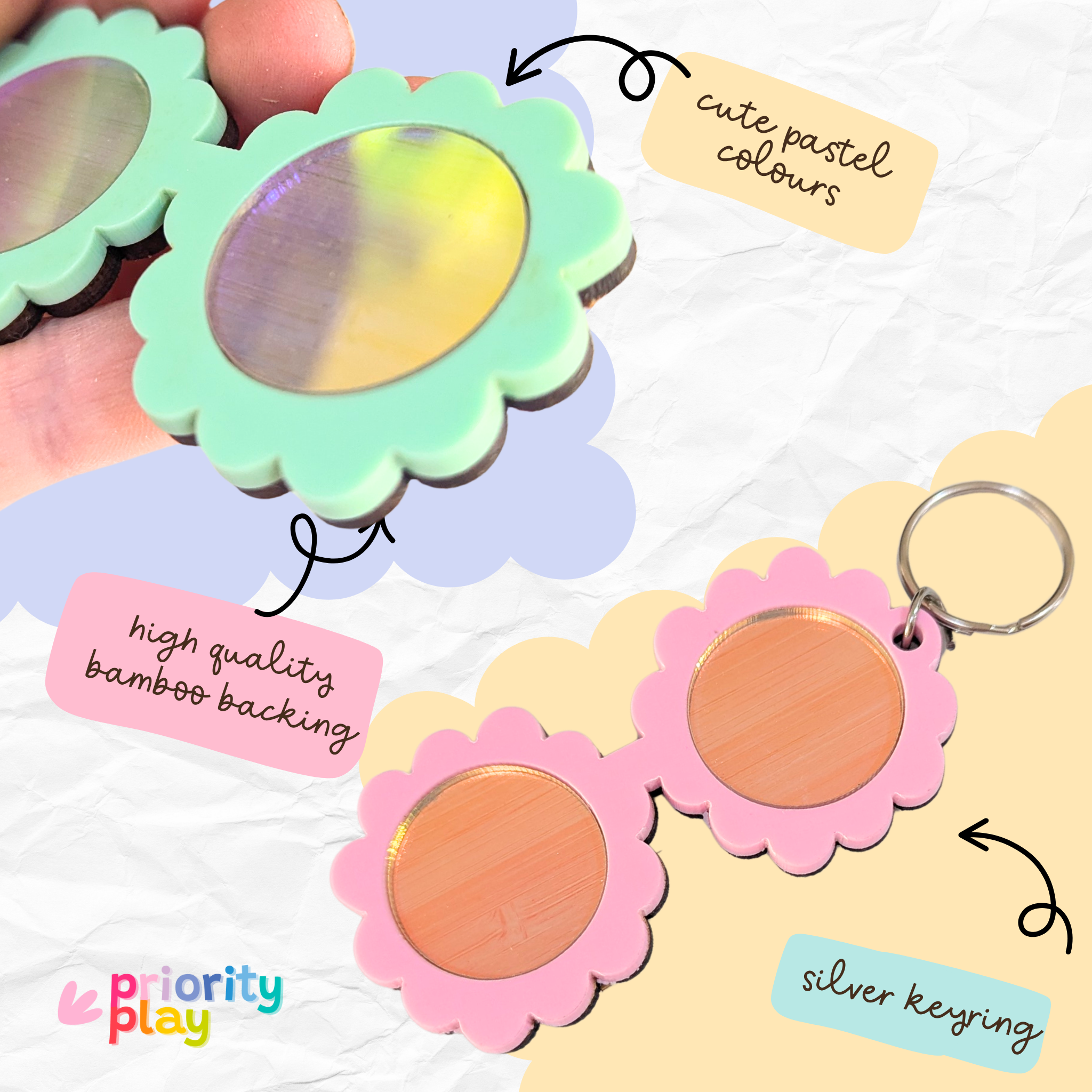 A collection of pastel flower-shaped sunglasses keyrings featuring bamboo backing and silver keyring hardware, perfect for teachers and students.