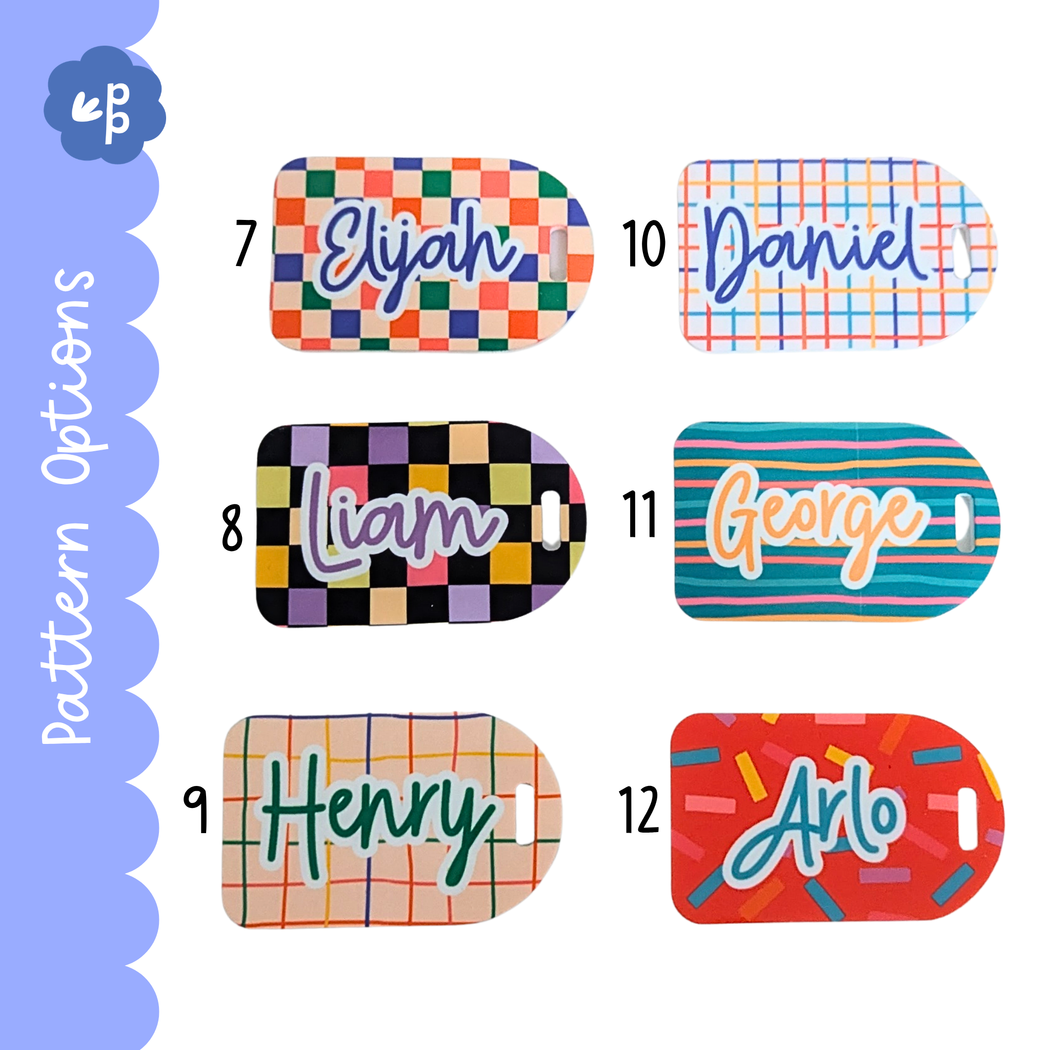 Personalised bag tag pattern options featuring colourful checker and stripe designs set 2 by Priority Play