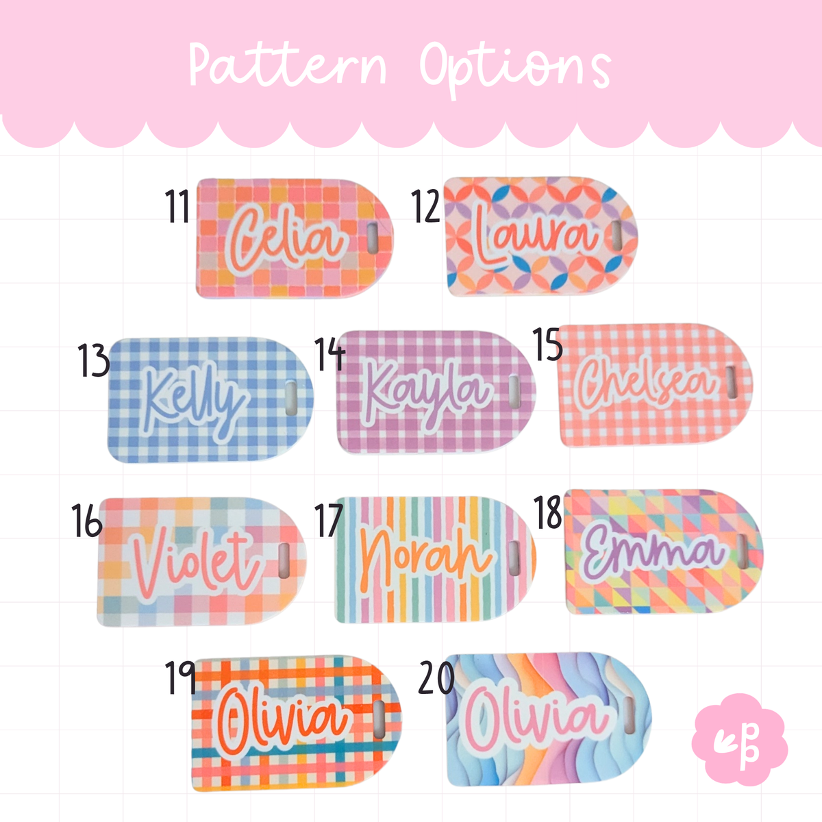 Personalised bag tag pattern options featuring pastel girly designs set 2 by Priority Play