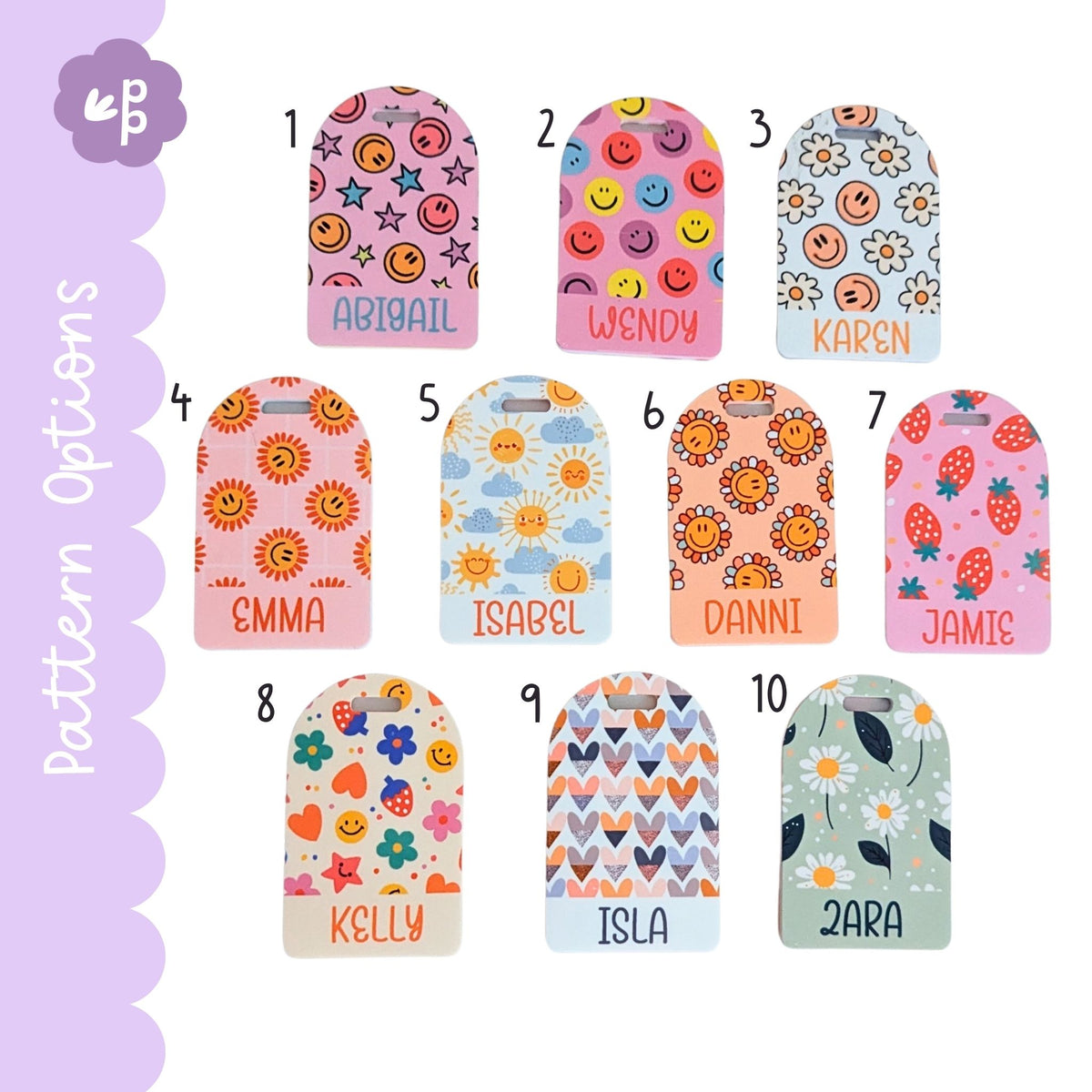 Personalised bag tag pattern options for kids featuring smiley faces, strawberries, flowers and hearts, custom name tags by Priority Play
