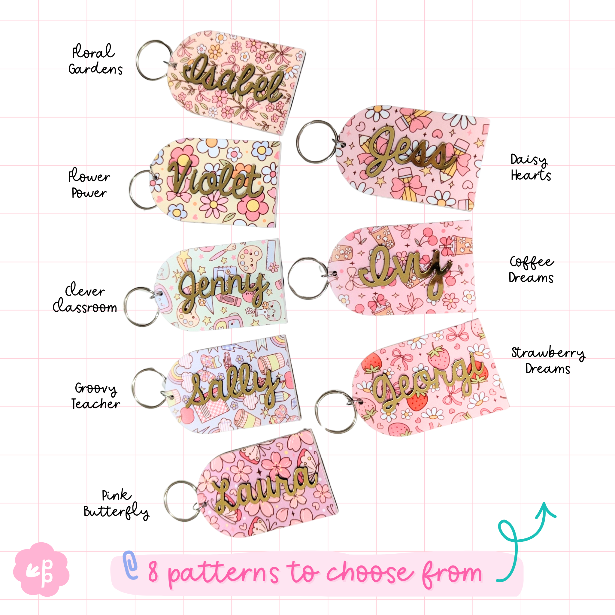 Set of personalised keyrings with eight cute patterns including floral, strawberry and butterfly designs, perfect teacher gift from Priority Play