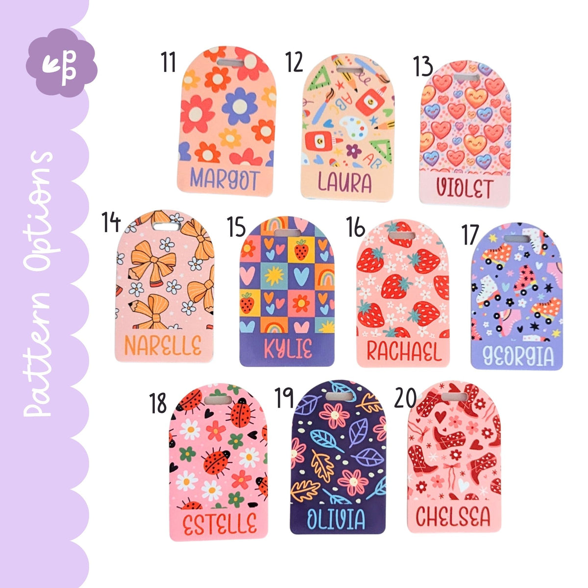 Personalised kids bag tag pattern options including bows, hearts, roller skates and floral designs, custom name luggage tags by Priority Play