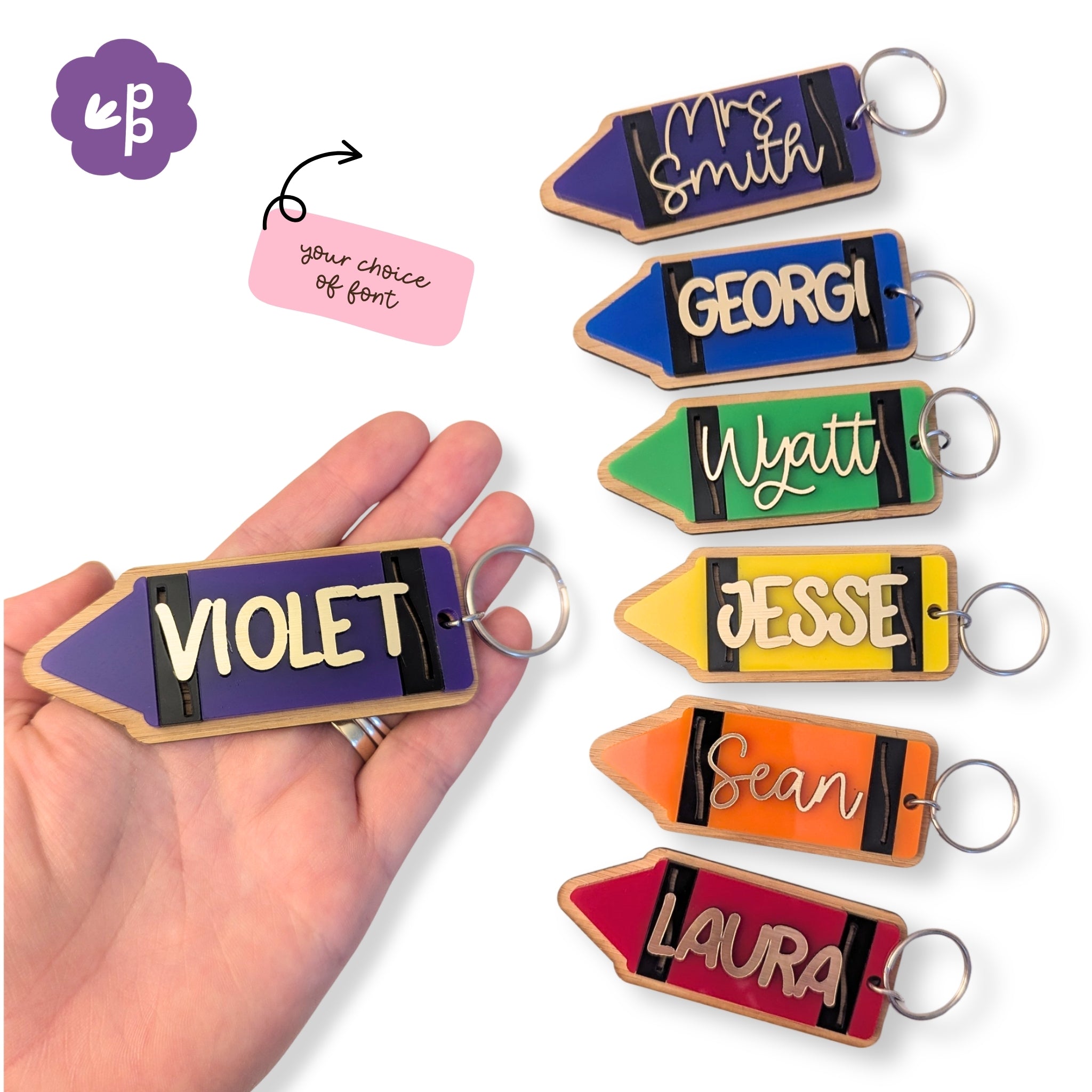 Personalised crayon name keyring with bamboo backing and colourful acrylic design, custom name in gold lettering, perfect for teachers, students and school bags