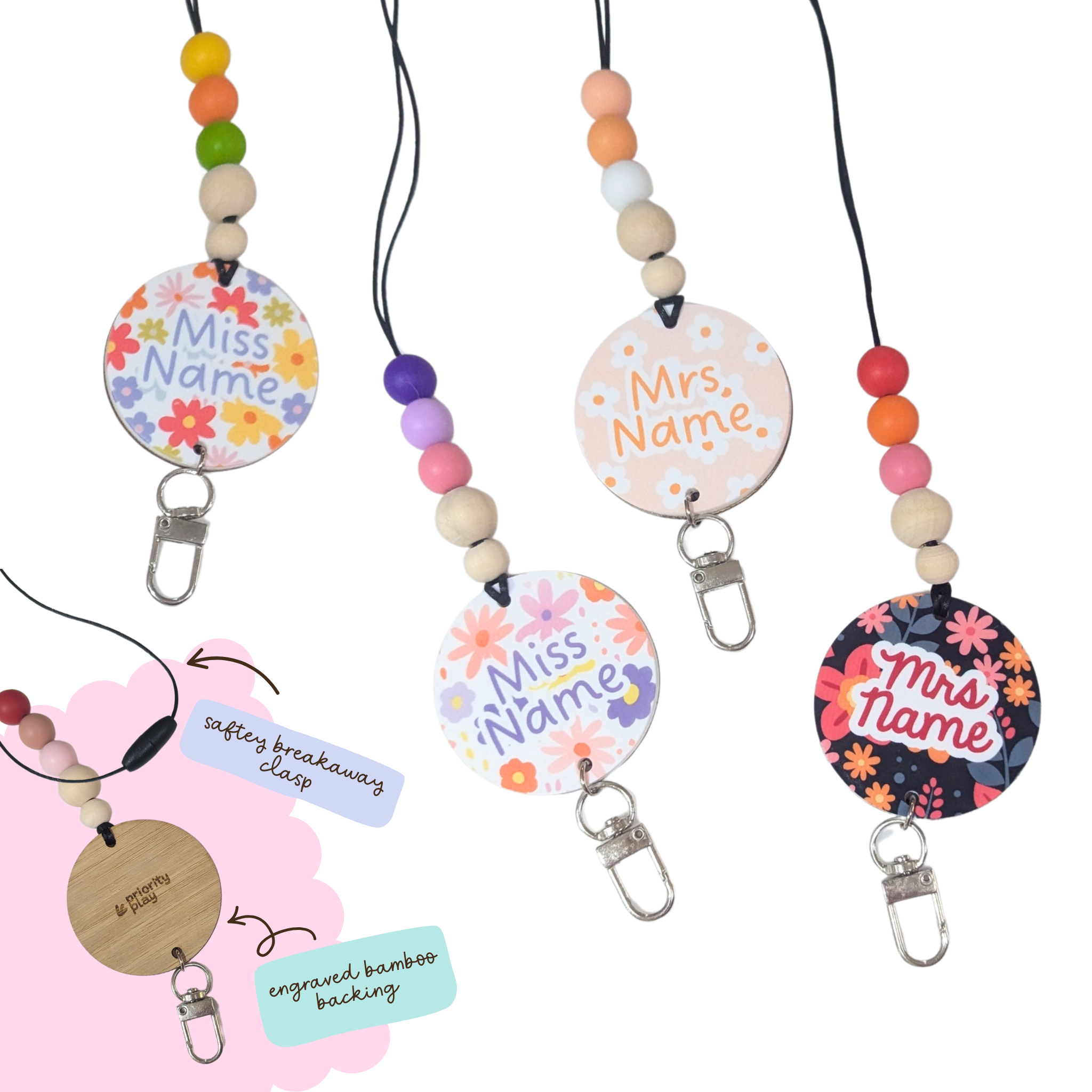 Floral and pastel personalised lanyards for teachers with custom name tags, silicone beads, and safety breakaway clasp.